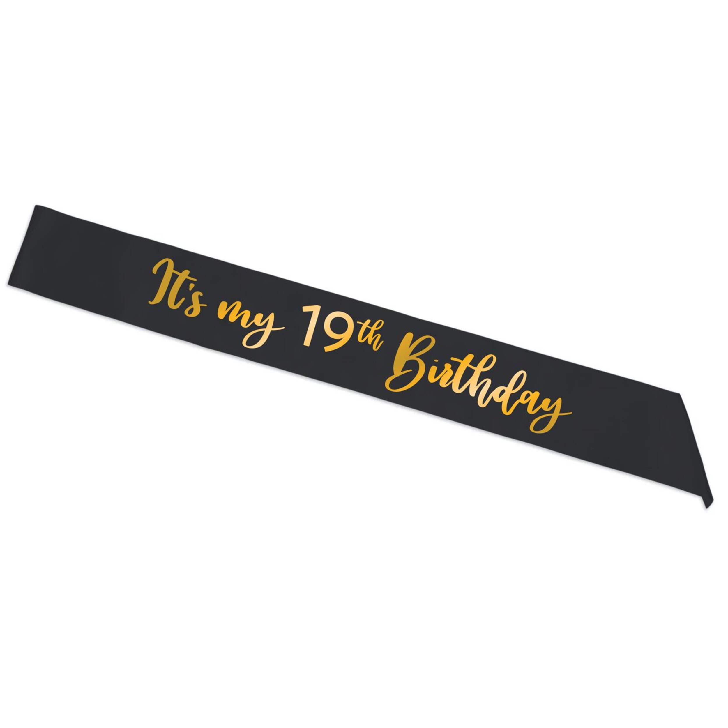Black & Gold 19th Birthday Celebration Sash Front_Flat