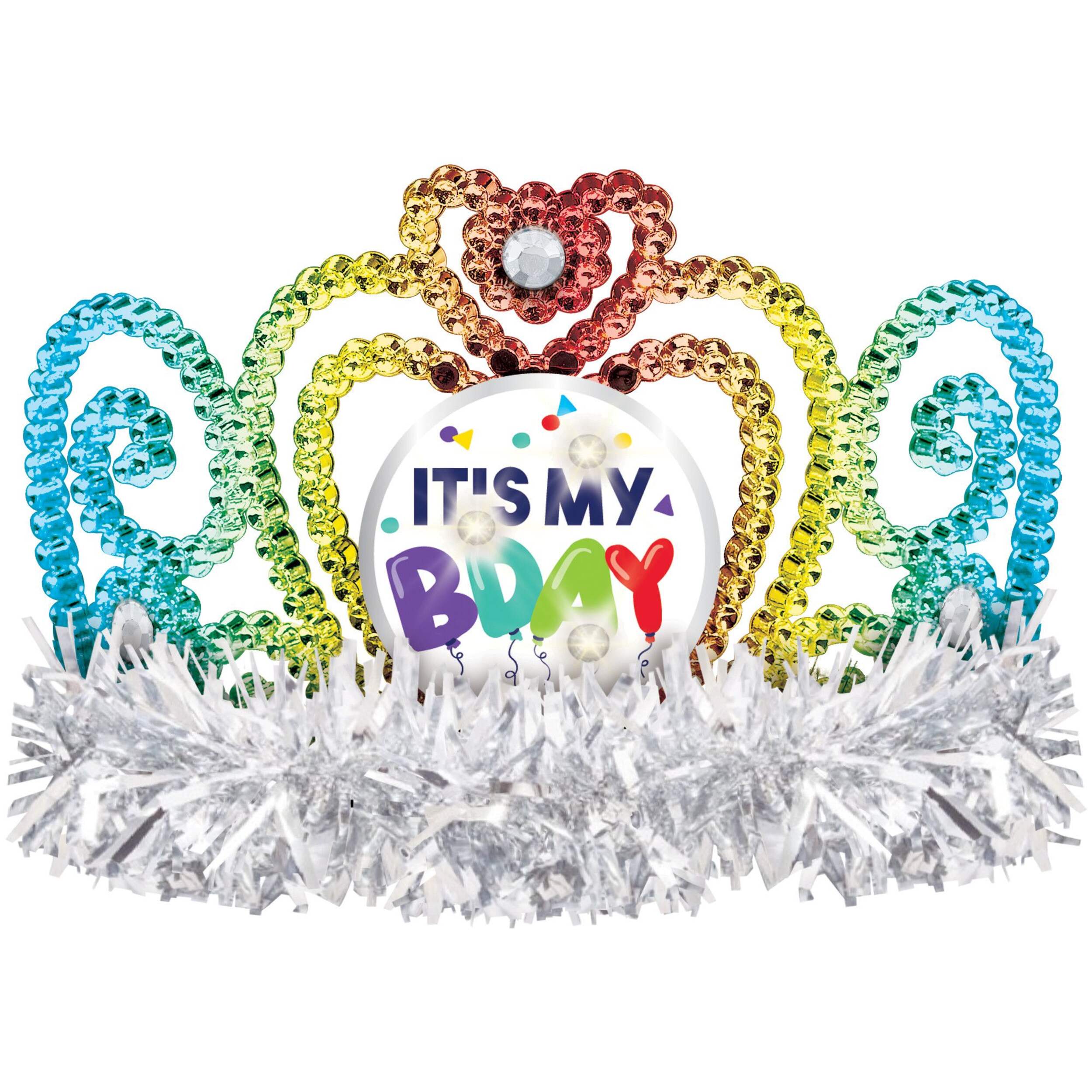 Grey "Its My Bday" Celebration Light Up Tiara with Tinsel, One Size, For Birthday/Party Front_Flat