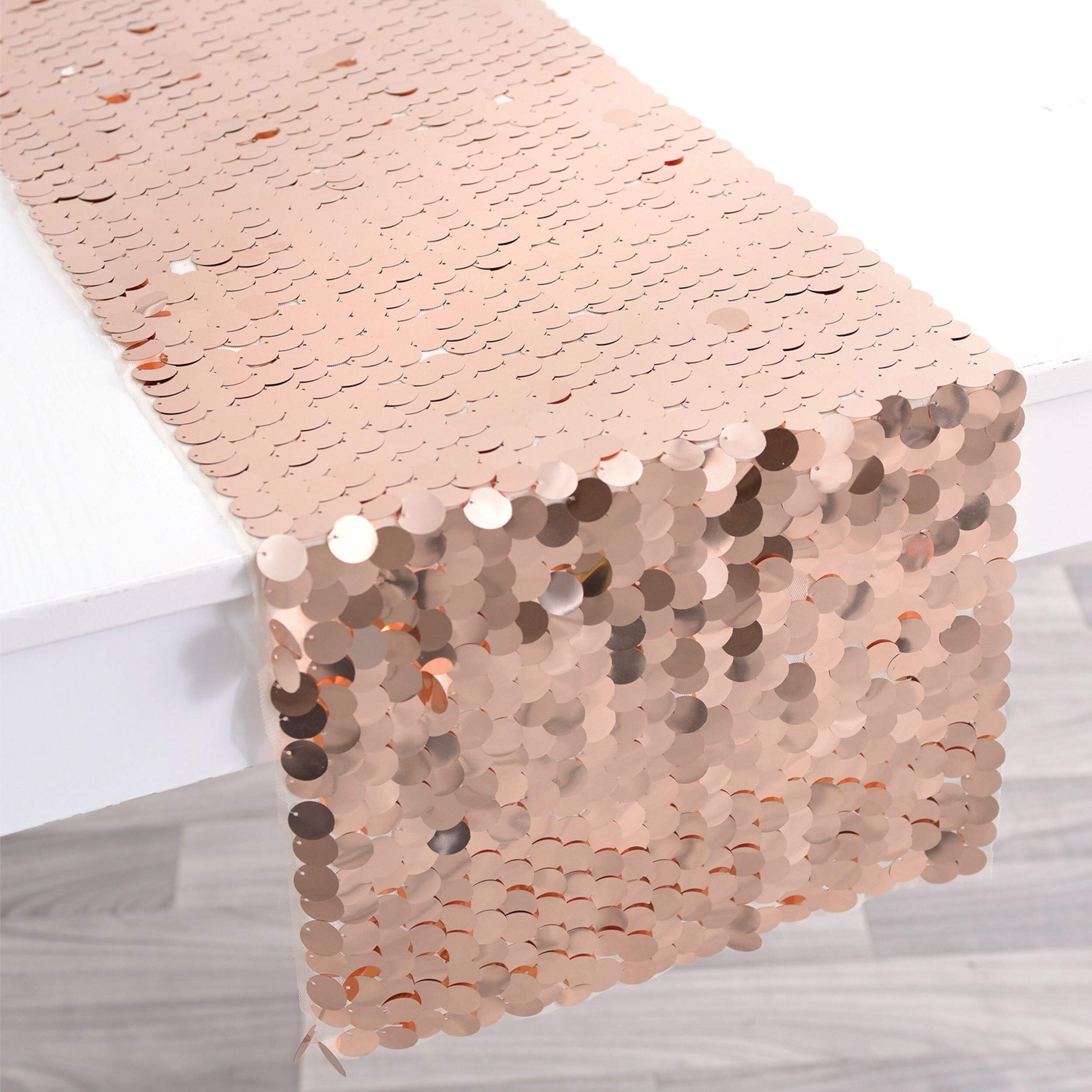 Blush Rose Gold Plastic Sequin Table Runner, 13-in x 6-ft, For Birthday/Party/Anniversary CloseUp