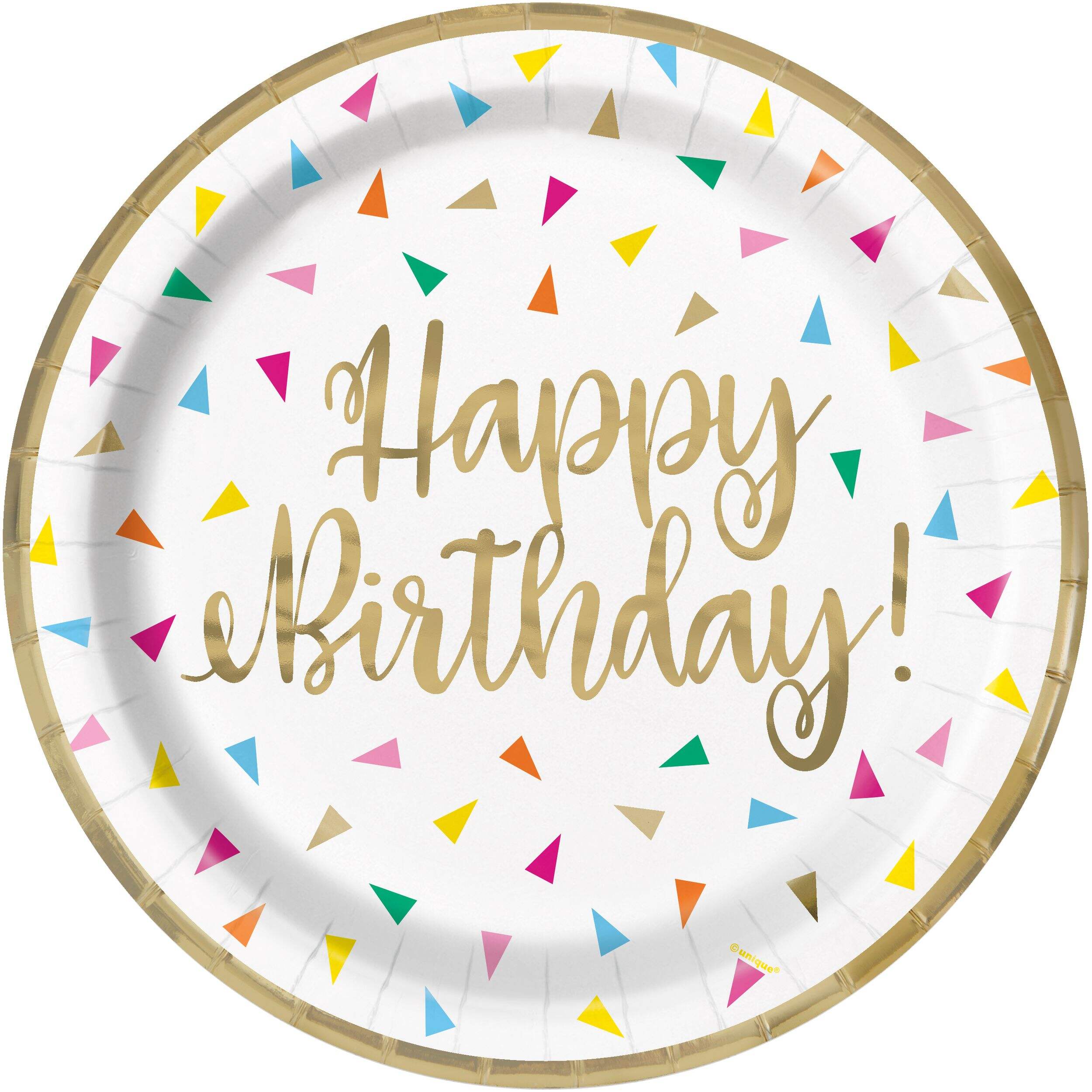 Bright Birthday Triangle "Happy Birthday" Round Foil Stamped Dessert Plates, 9-in, 8-pk Front_Flat