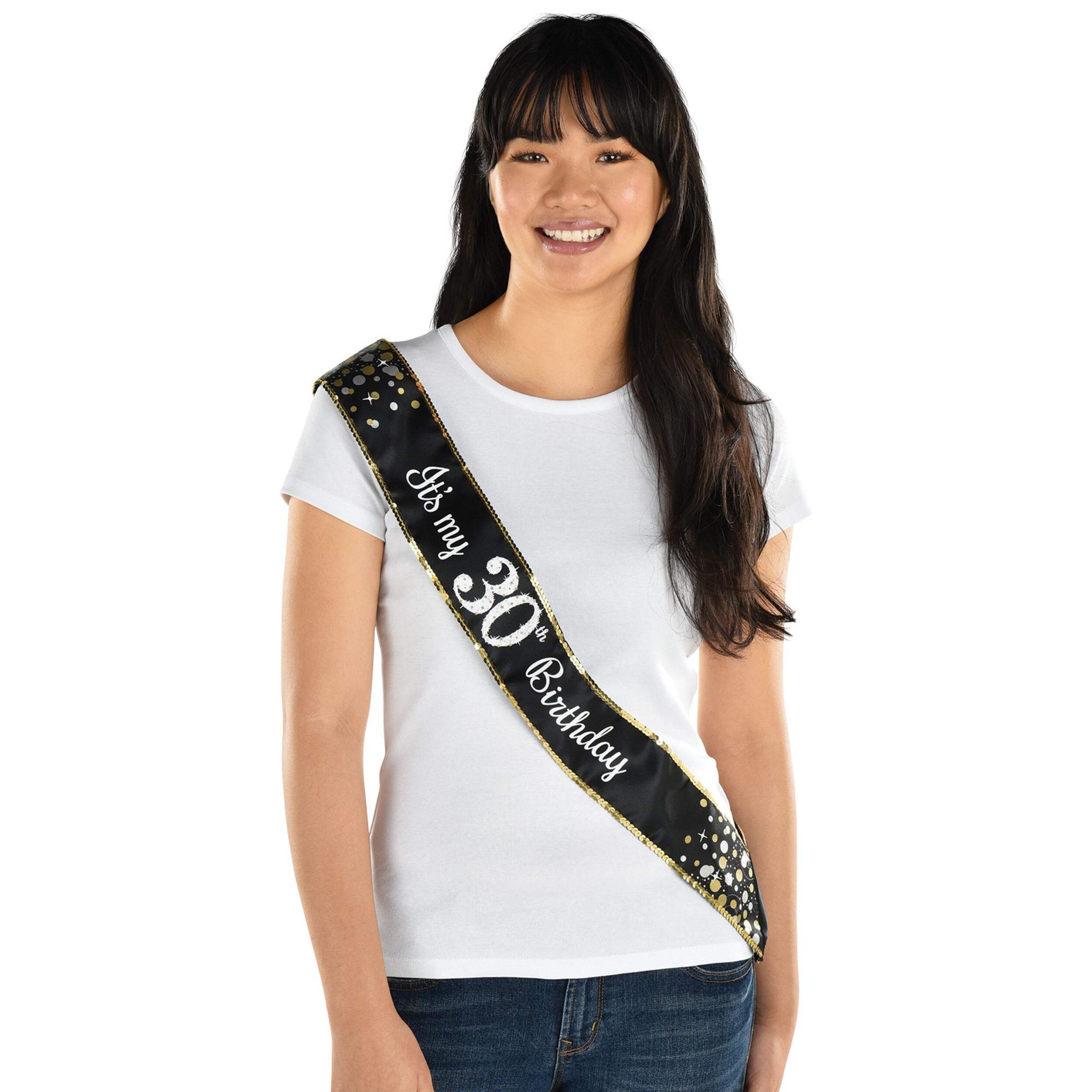 Black & Silver "It's My 30th Birthday" Sparkling Celebration Sash, 30-in Front_Flat