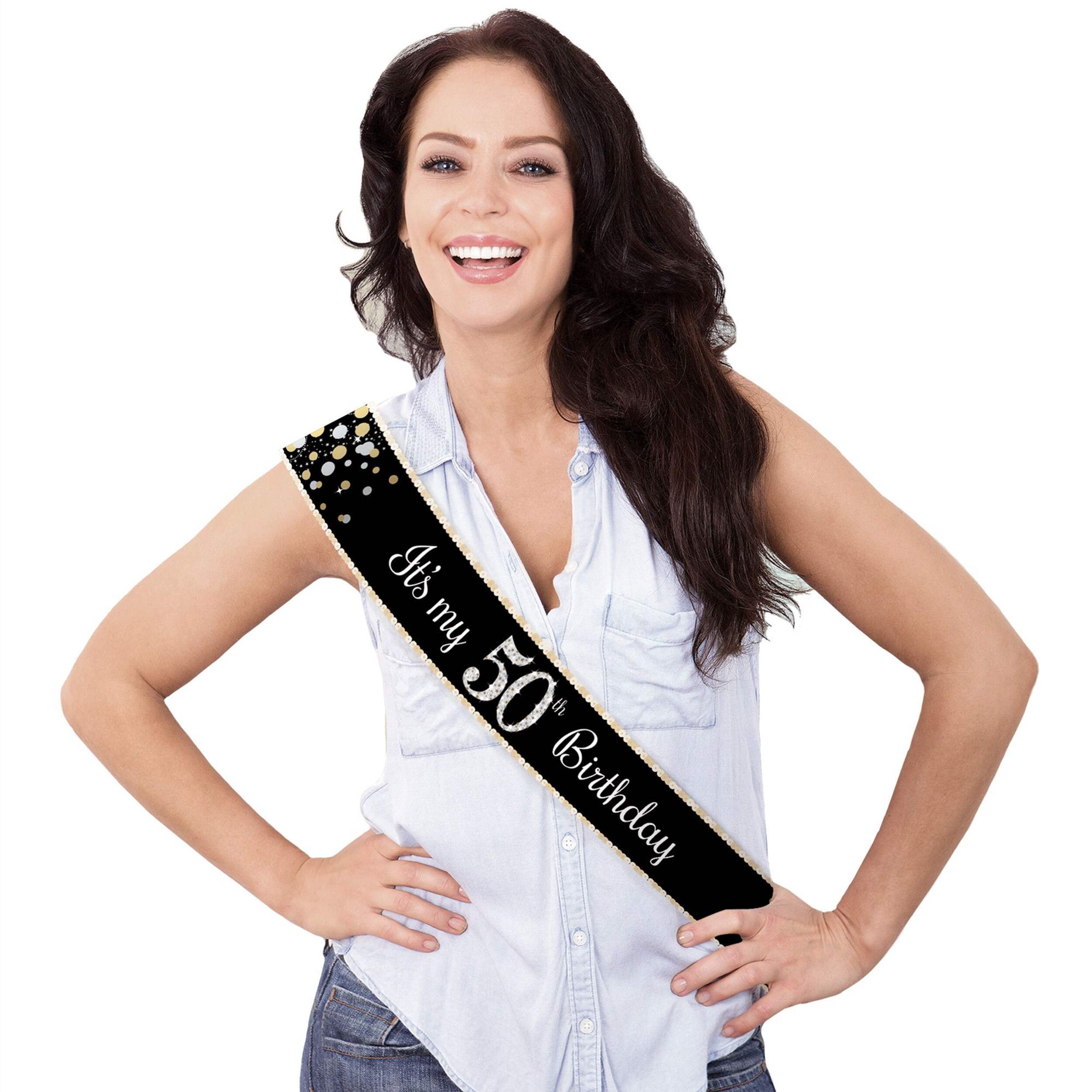 Black & Silver "It's My 50th Birthday" Sparkling Celebration Sash, 30-in Front_Flat