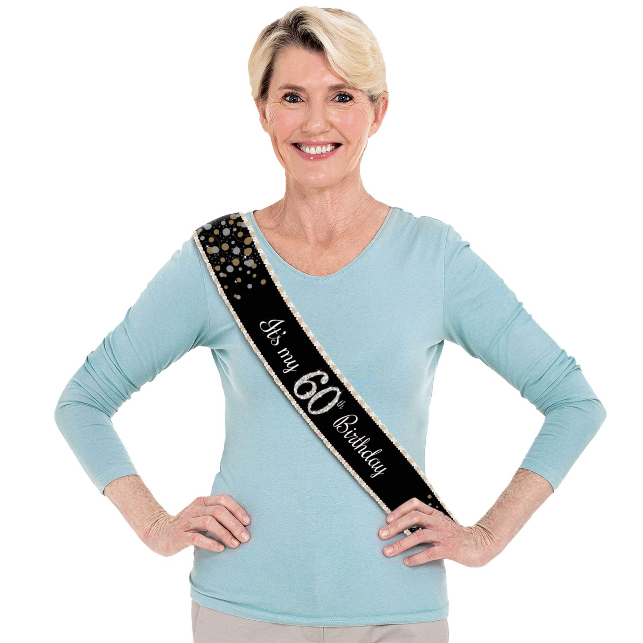 Black & Silver "It's My 60th Birthday" Sparkling Celebration Sash, 30-in Front_Flat