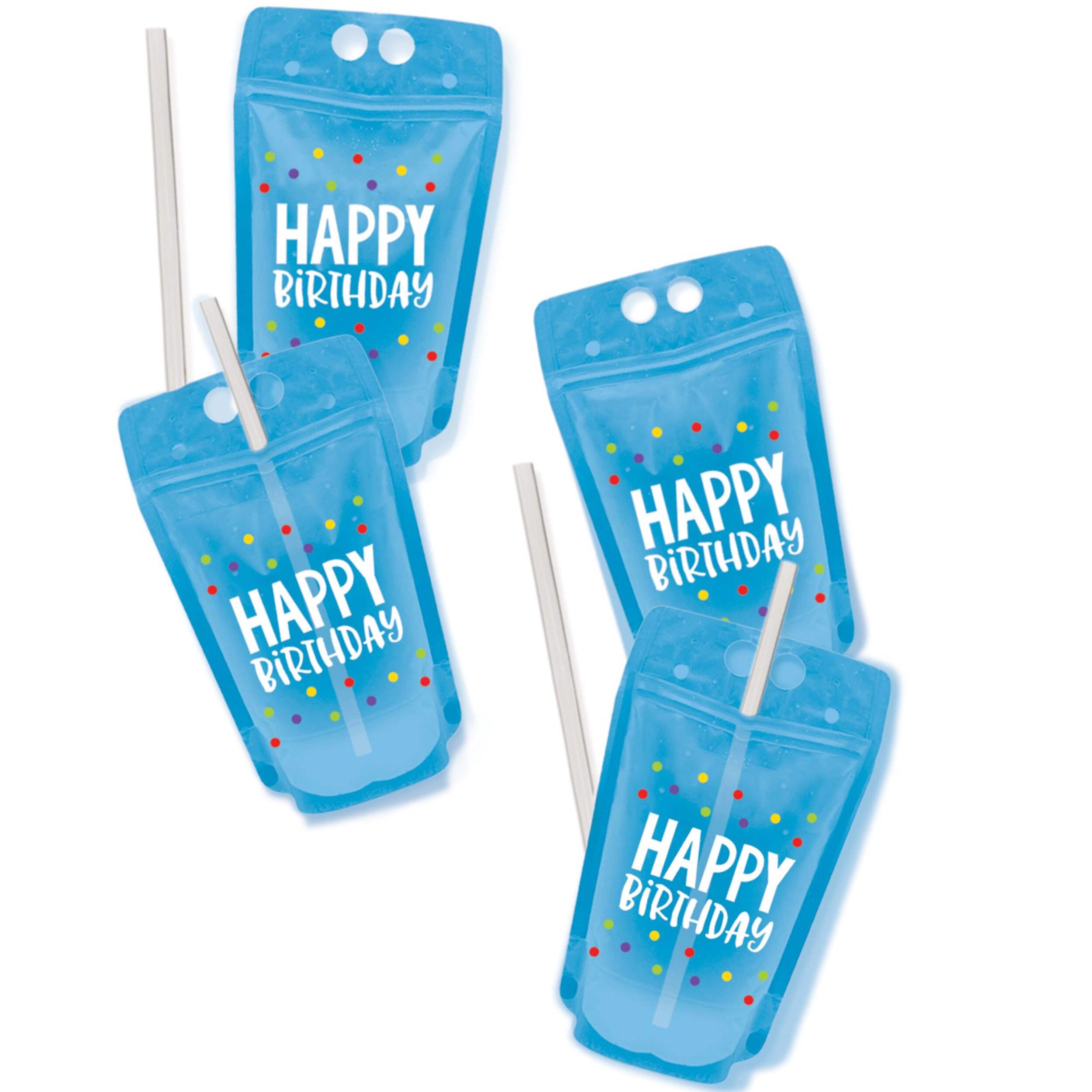 Blue Happy Birthday Plastic Drink Pouch, 8-pk Front_Flat