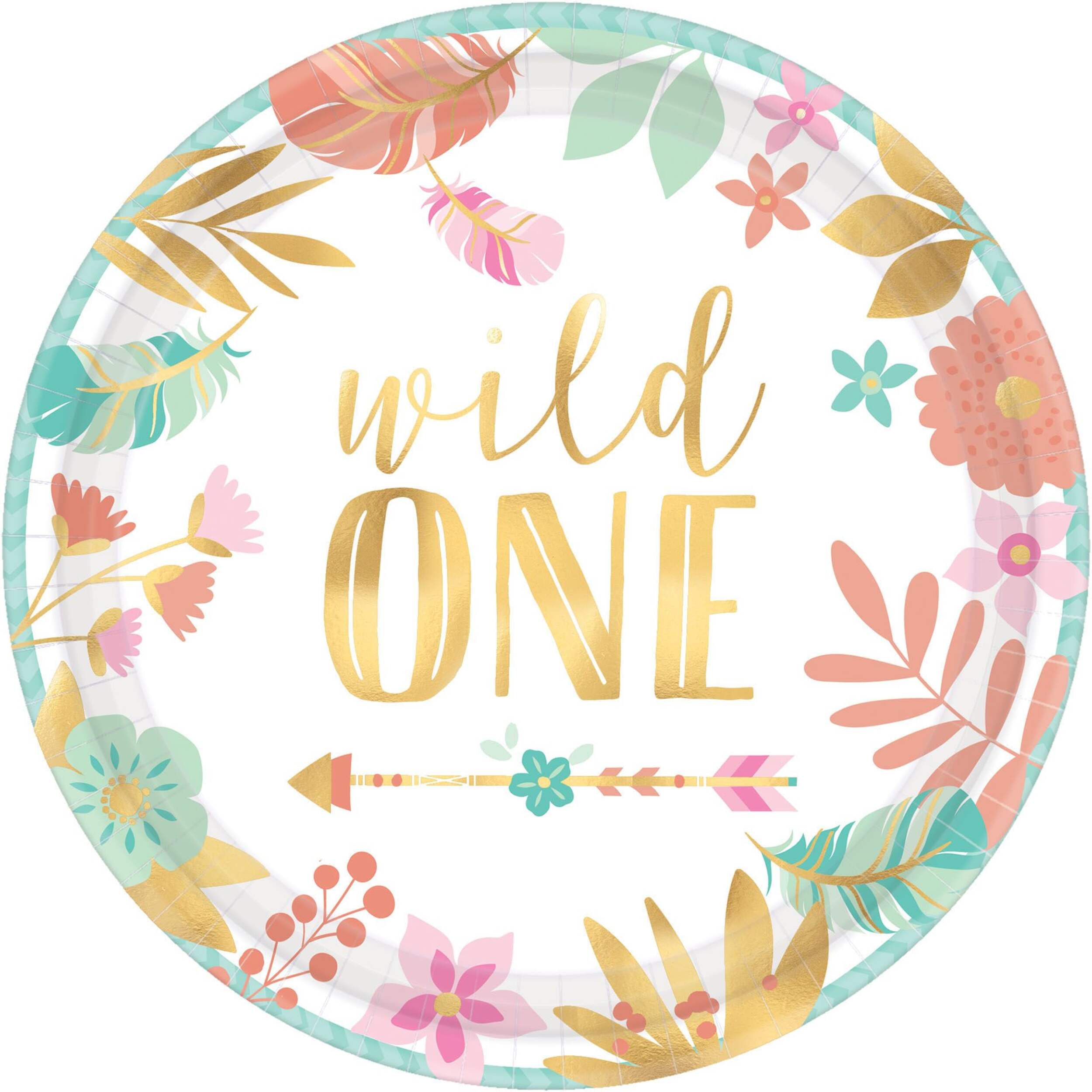 Assiettes à dessert métalliques pour fête de 1er anniversaire, fille bohémienne, paq. 8 Front_Flat