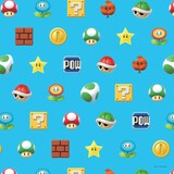 Nintendo Super Mario Bros "Pow" Gift Wrapping Paper, Blue, 8-ft, for Birthday Party CloseUp