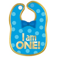 1st Birthday "I Am One!" Bib with Bow, Blue/Gold, One Size, Wearable Accessory for Birthdays Front_Flat