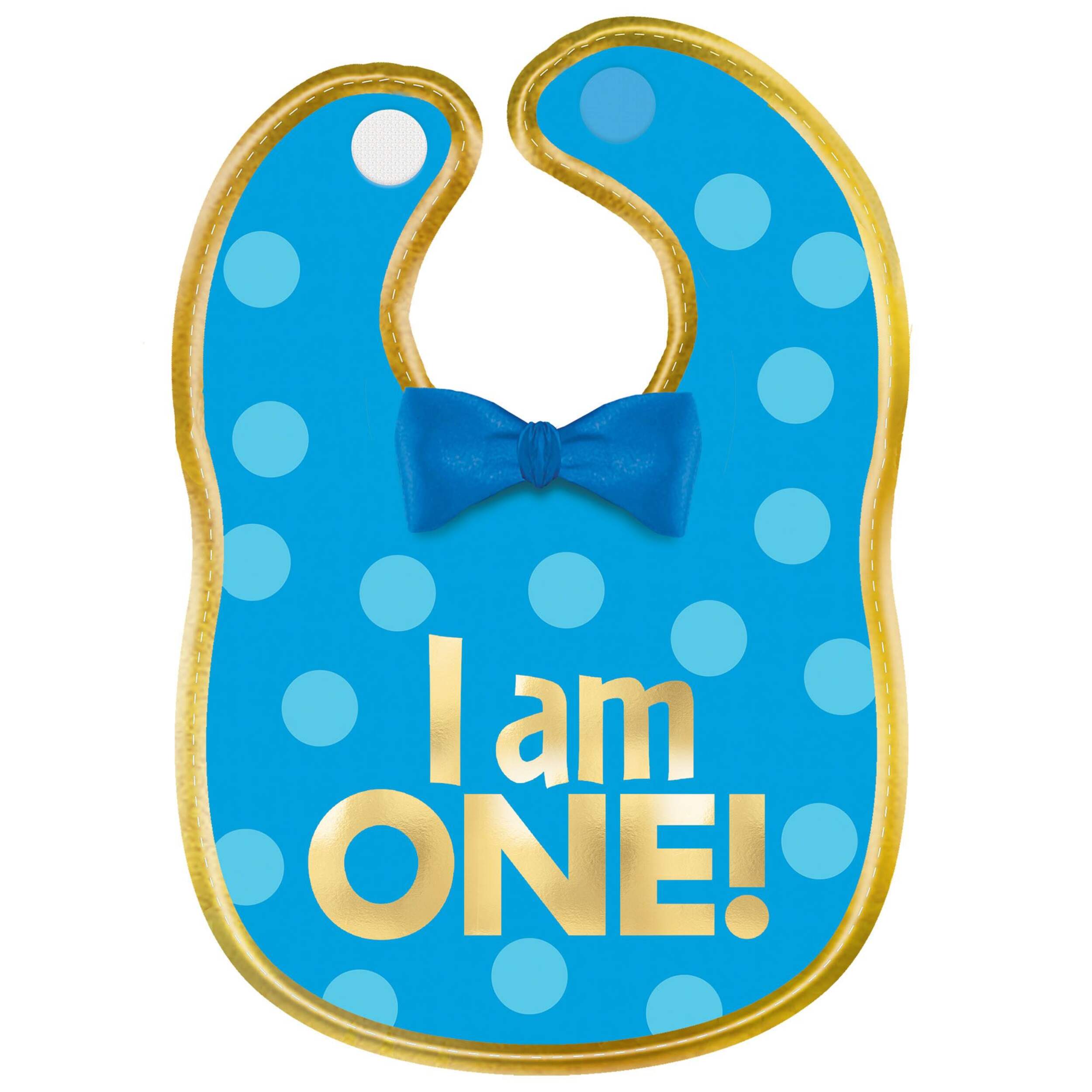 1st Birthday "I Am One!" Bib with Bow, Blue/Gold, One Size, Wearable Accessory for Birthdays Front_Flat