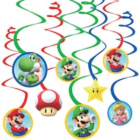 Nintendo Super Mario Bros Swirl Hanging Decorations, Red/Blue/Green, 10-in, 12-pk, for Birthday Party