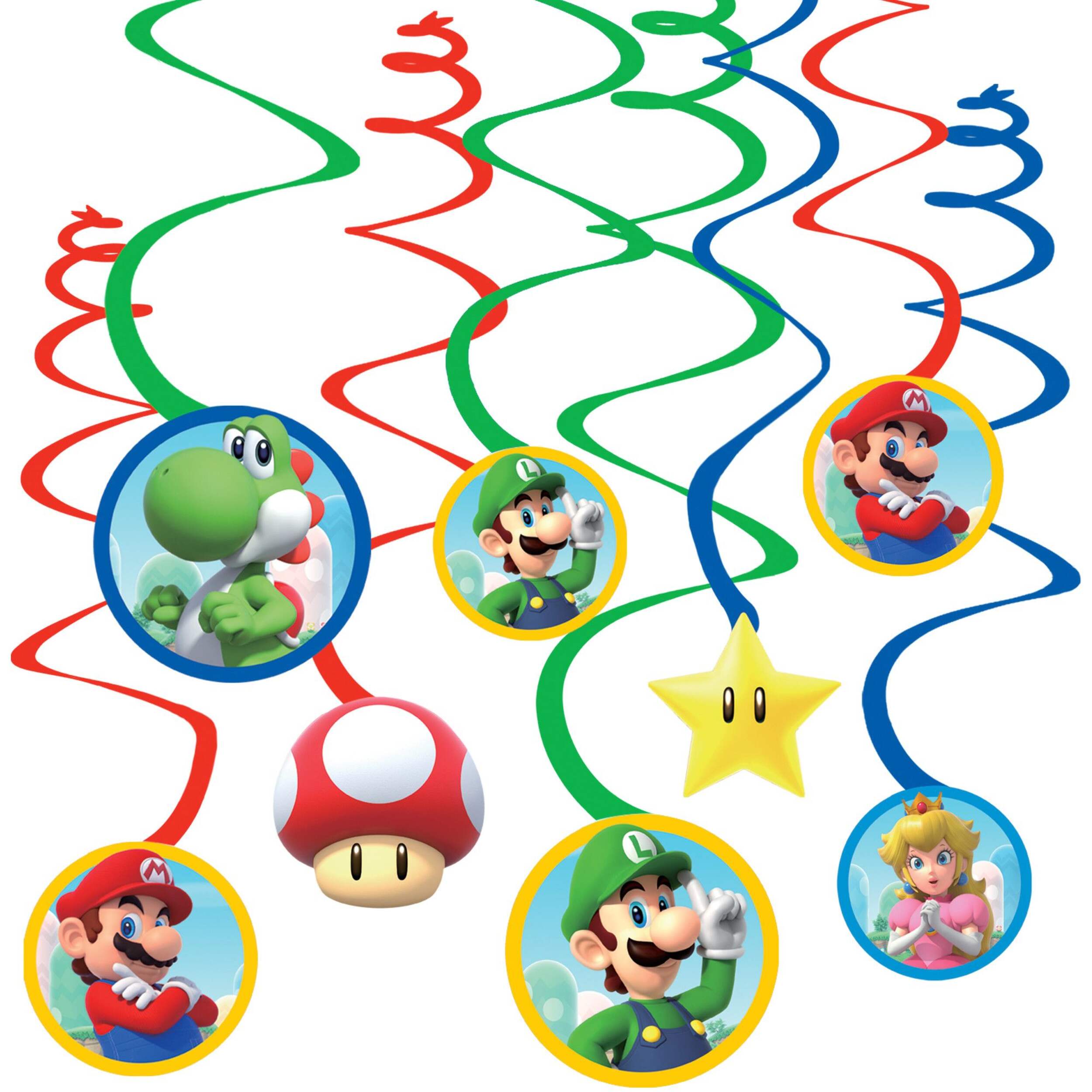 Nintendo Super Mario Bros Swirl Hanging Decorations, Red/Blue/Green, 10-in, 12-pk, for Birthday Party Front_Flat