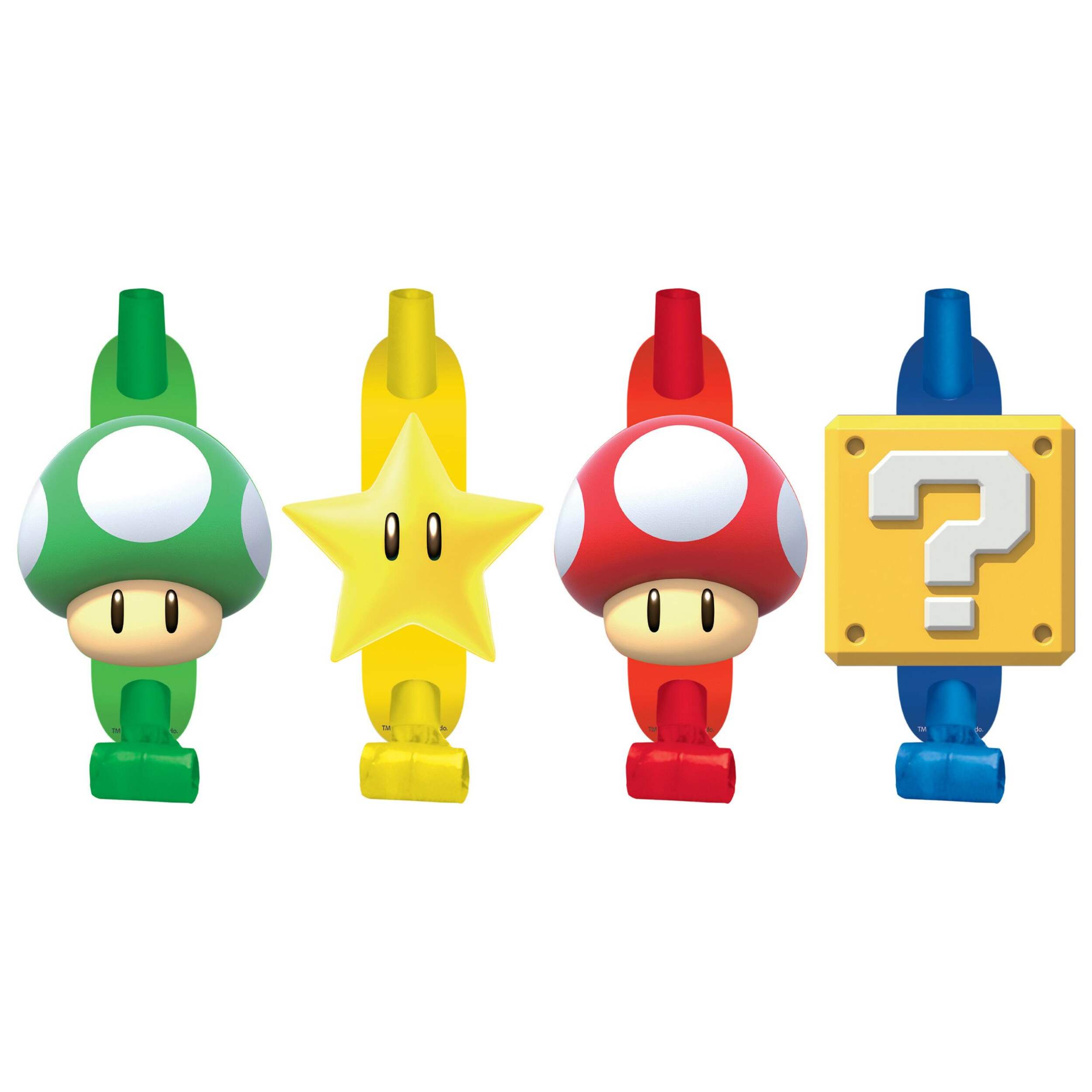 Nintendo Super Mario Bros Mushroom Blowout Noisemakers, Green/Yellow/Blue, 5-in, 8-pk, for Birthday Party Front_Flat