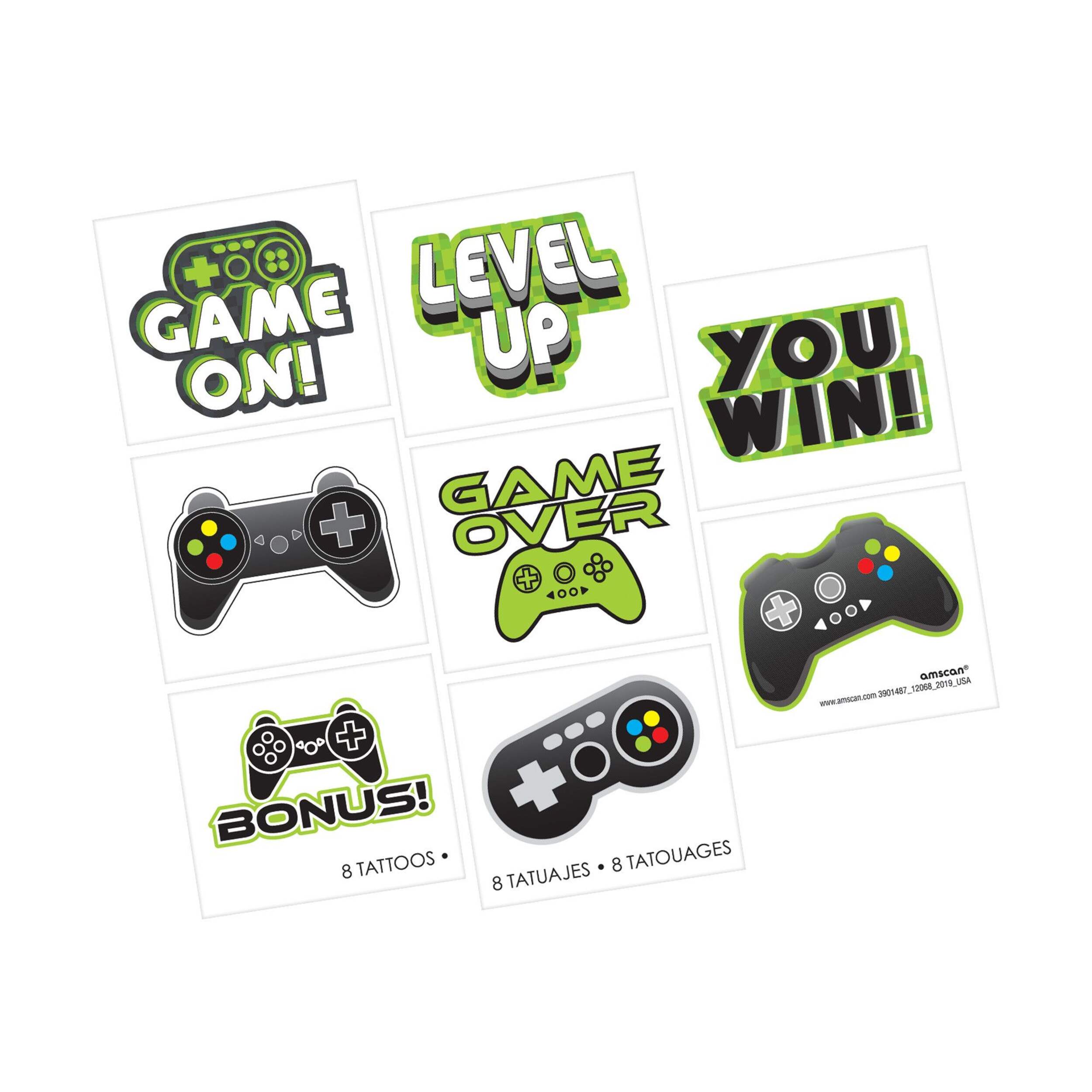 Level Up "Game On!" Temporary Tattoos, Green/Black, 8-pk, Wearable Favours  for Birthdays Front_Angled_Right