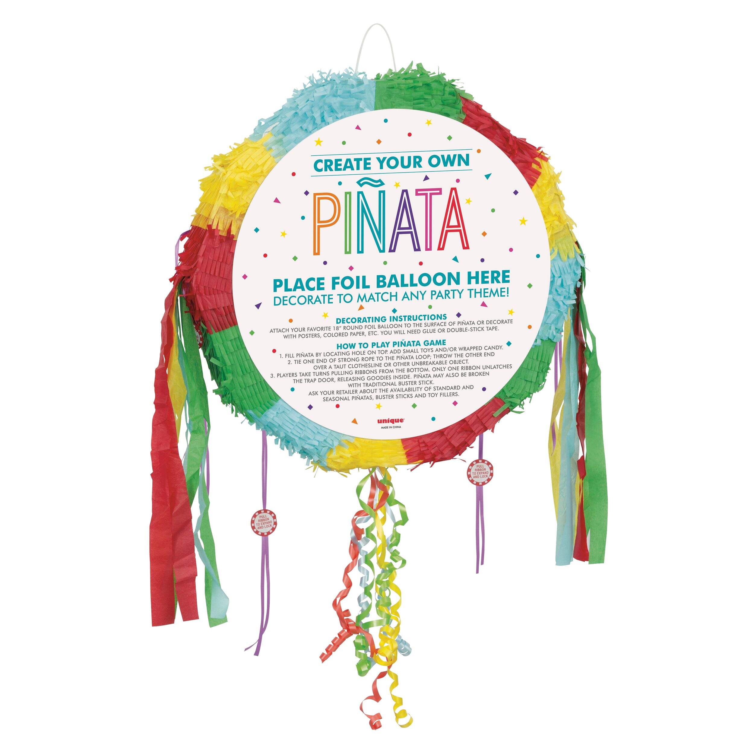 Round Create Your Own Pinata Hanging Pull String Decoration, Multi-Coloured, 18-in, Holds 2lb of Pinata Filler, for Birthday Parties Front_Angled_Right