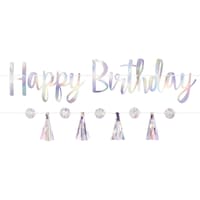 Iridescent "Happy Birthday" Hanging Garland Banner Decoration, Silver, 10.5-ft, 2-pk, for Birthday Party