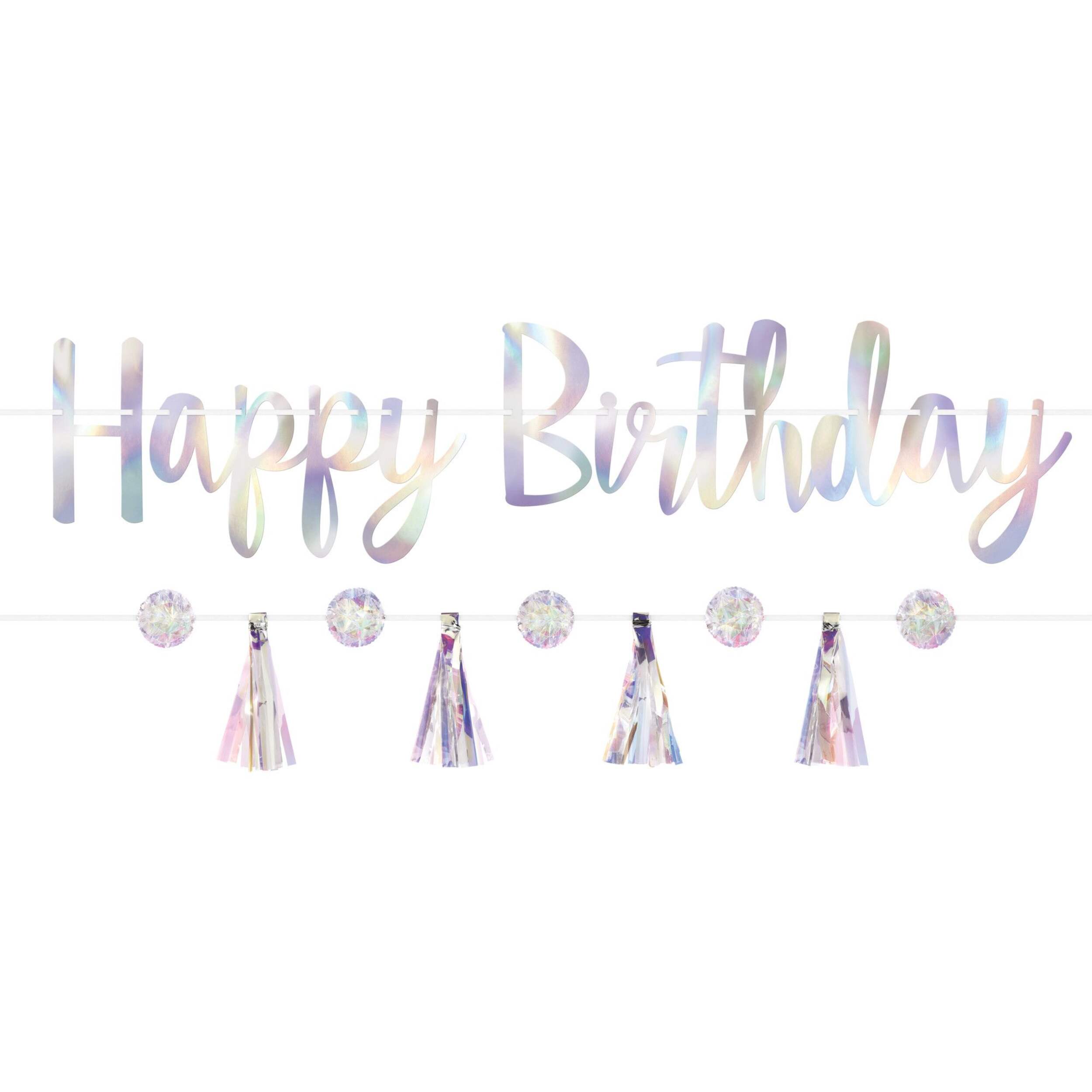 Iridescent "Happy Birthday" Hanging Garland Banner Decoration, Silver, 10.5-ft, 2-pk, for Birthday Party Front_Flat