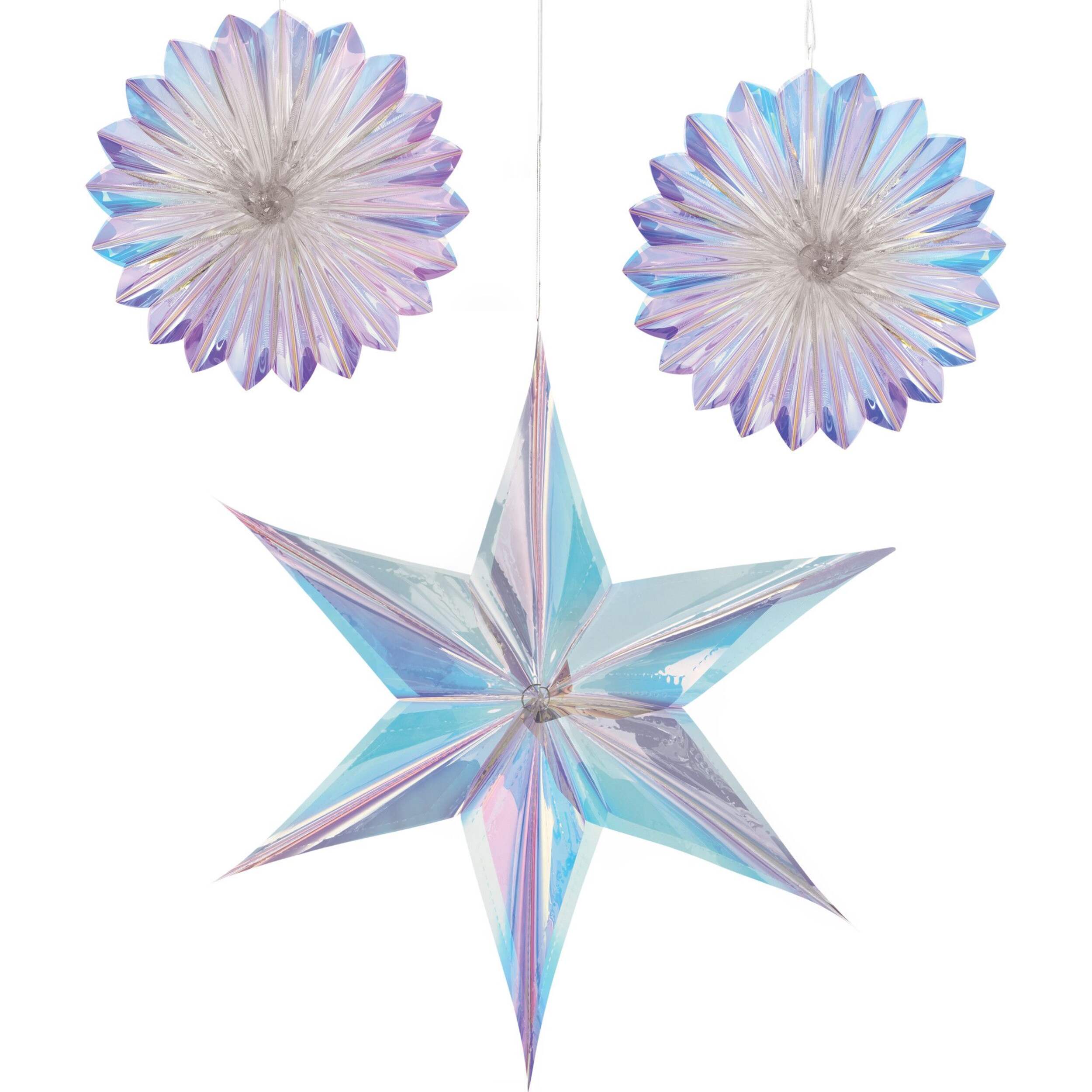 Luminous Fan & Star Hanging Sign Decorations, Purple/Iridescent, 16-in, 3-pk, for Birthday Party Front_Flat