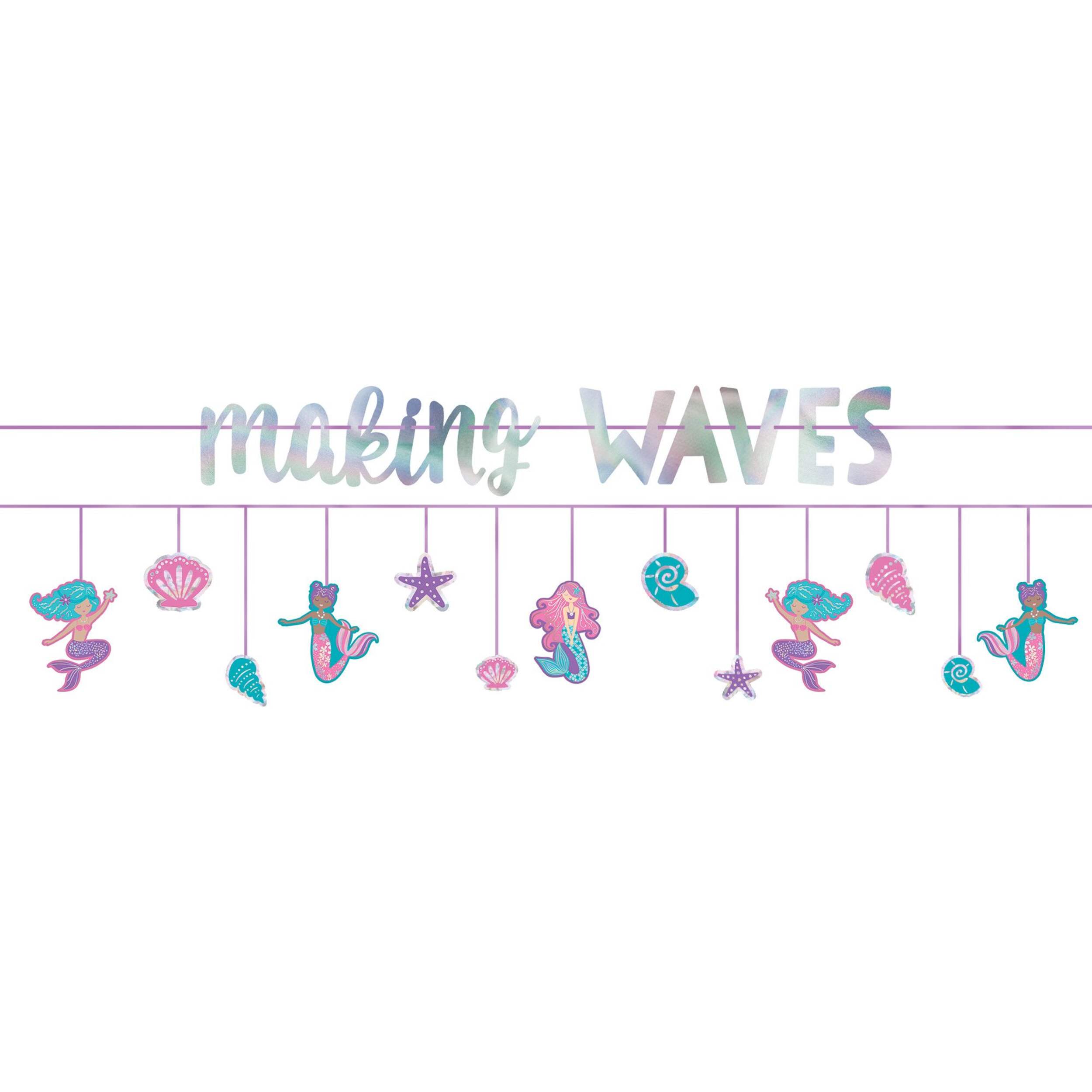 Shimmering Mermaids "Making Waves" Hanging Garland Banner Decoration, Purple/Silver, 10.5-ft, 2-pk, for Birthday Party Front_Flat