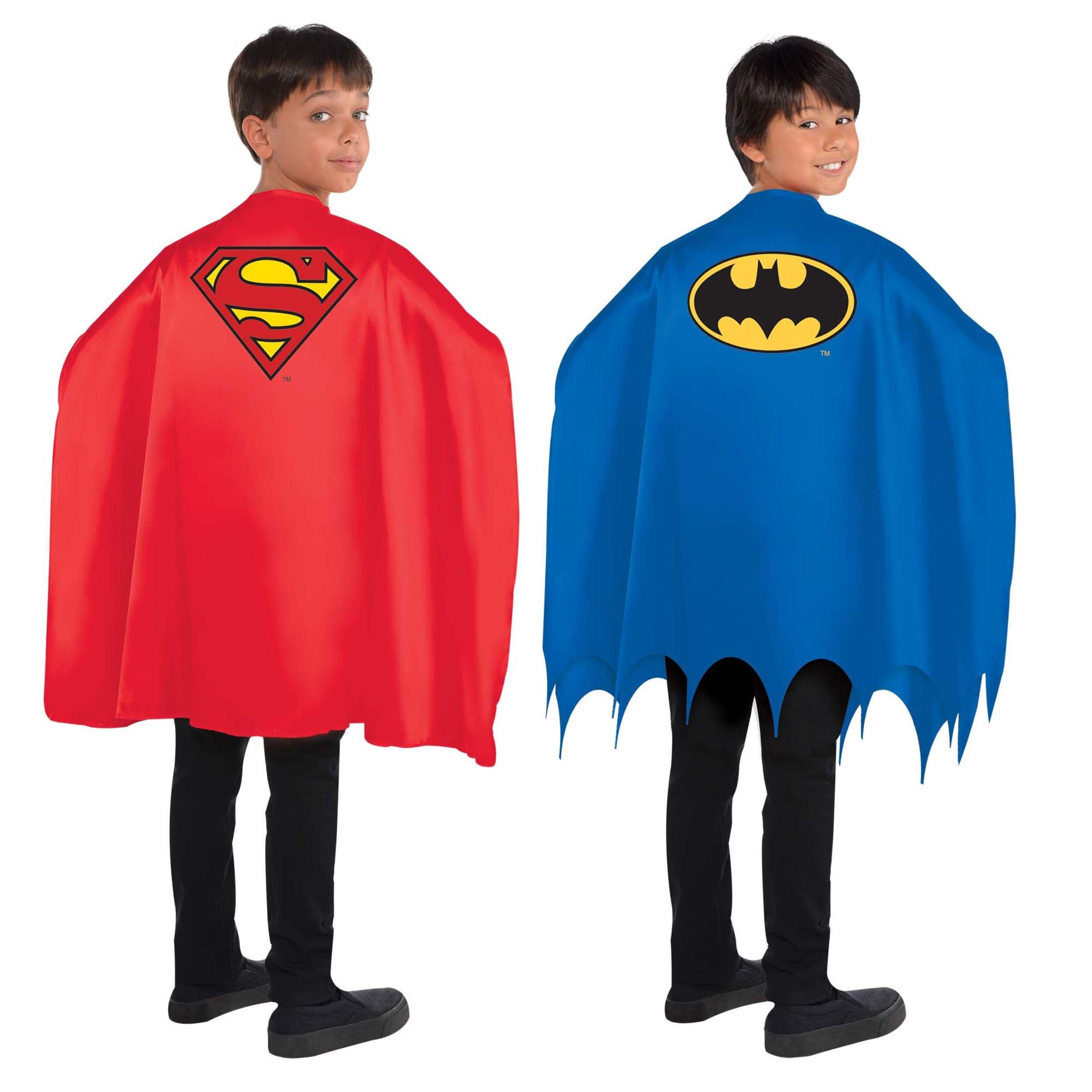Kids' DC Justice League Batman & Superman Capes, Red/Blue, One Size, 2-pk, Wearable Costume Accessories for Halloween Front_Angled_Left