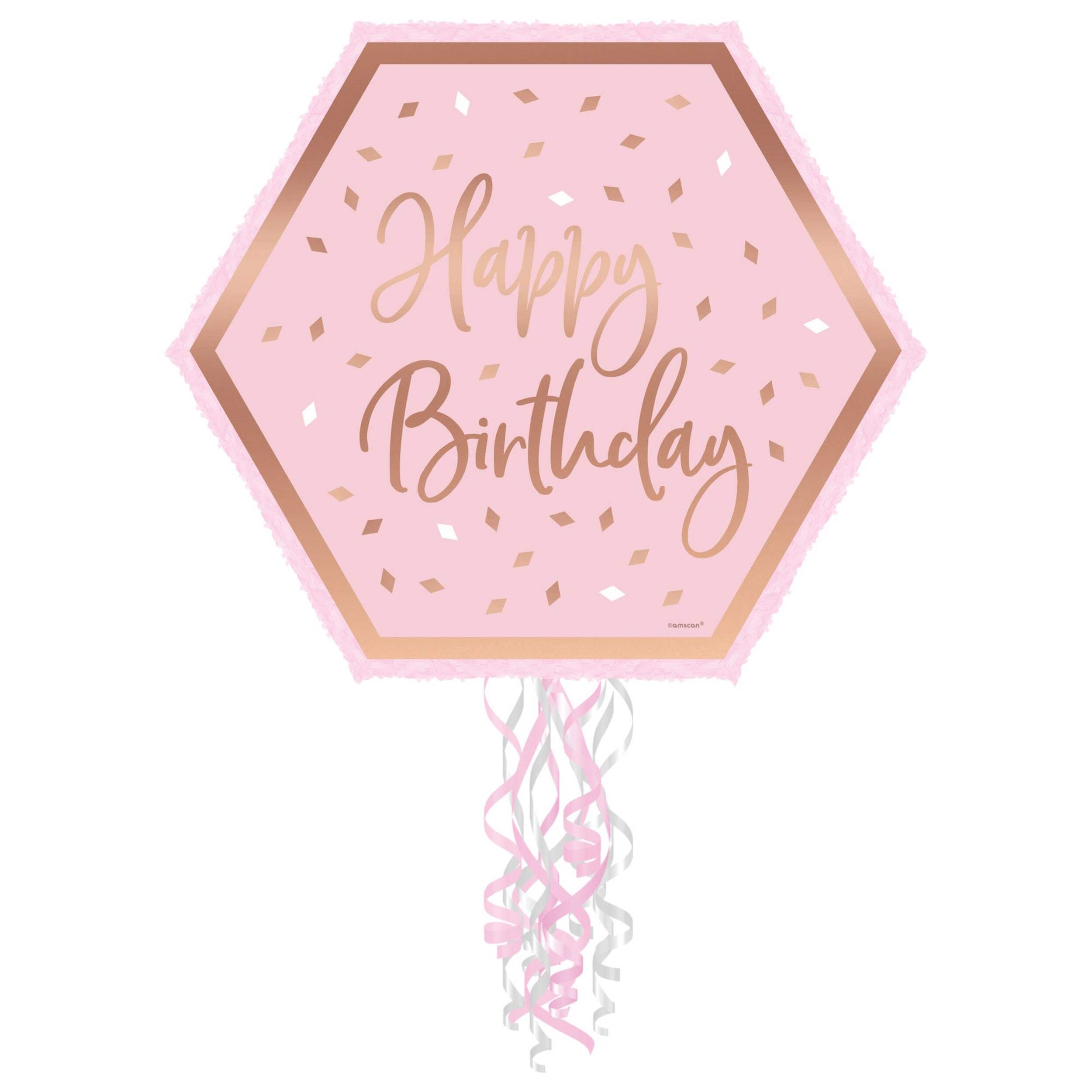 Blush Birthday "Happy Birthday" Pinata Hanging Pull String Decoration, Pink/Rose Gold, 19-in, Holds 2lb of Pinata Filler, for Birthday Parties Front_Flat
