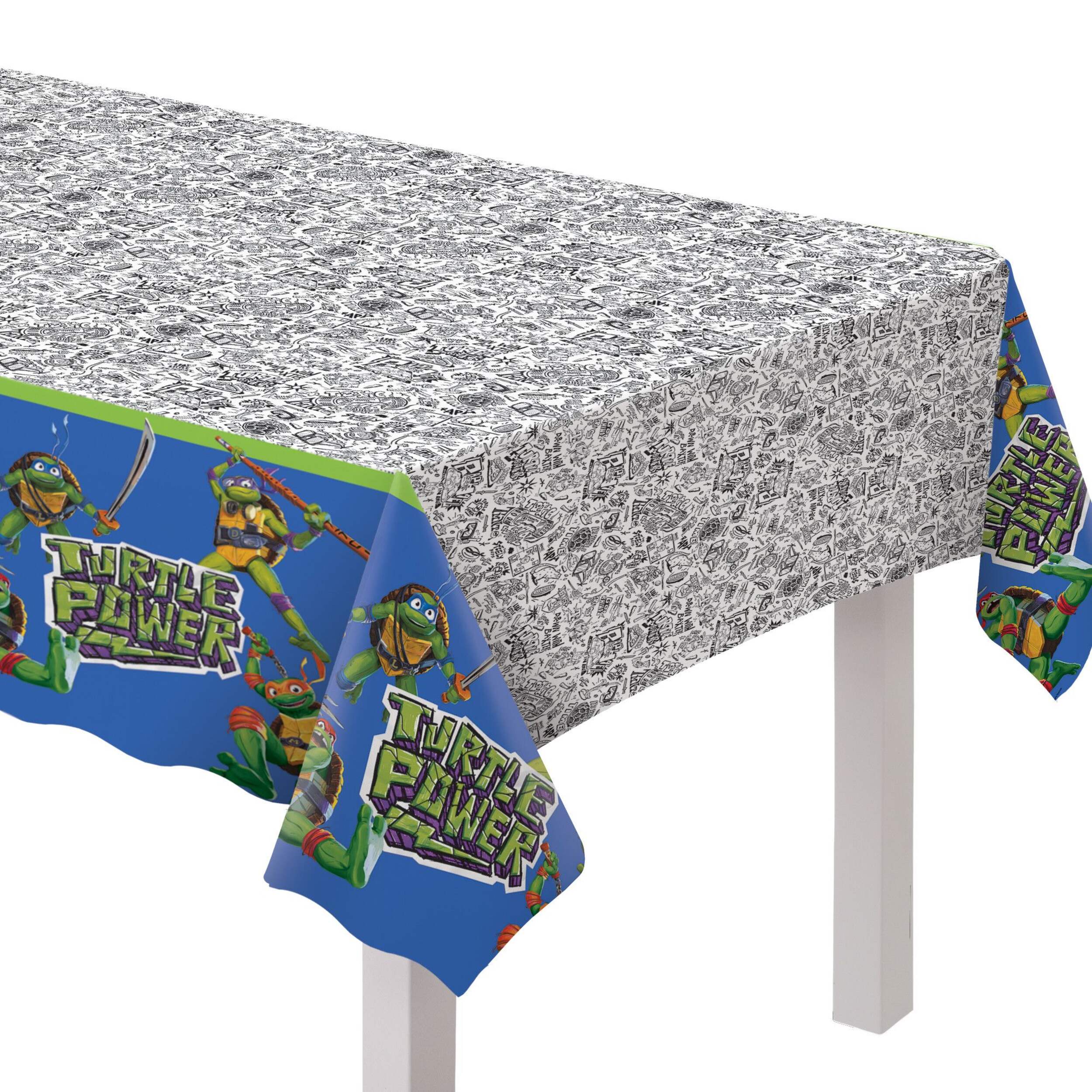 Teenage Mutant Ninja Turtles "Turtle Power" Rectangle Plastic Reusable Table Cover, Blue/Green, 54x96-in, for Birthday Party Front_Three_Fourths_Angled_Right
