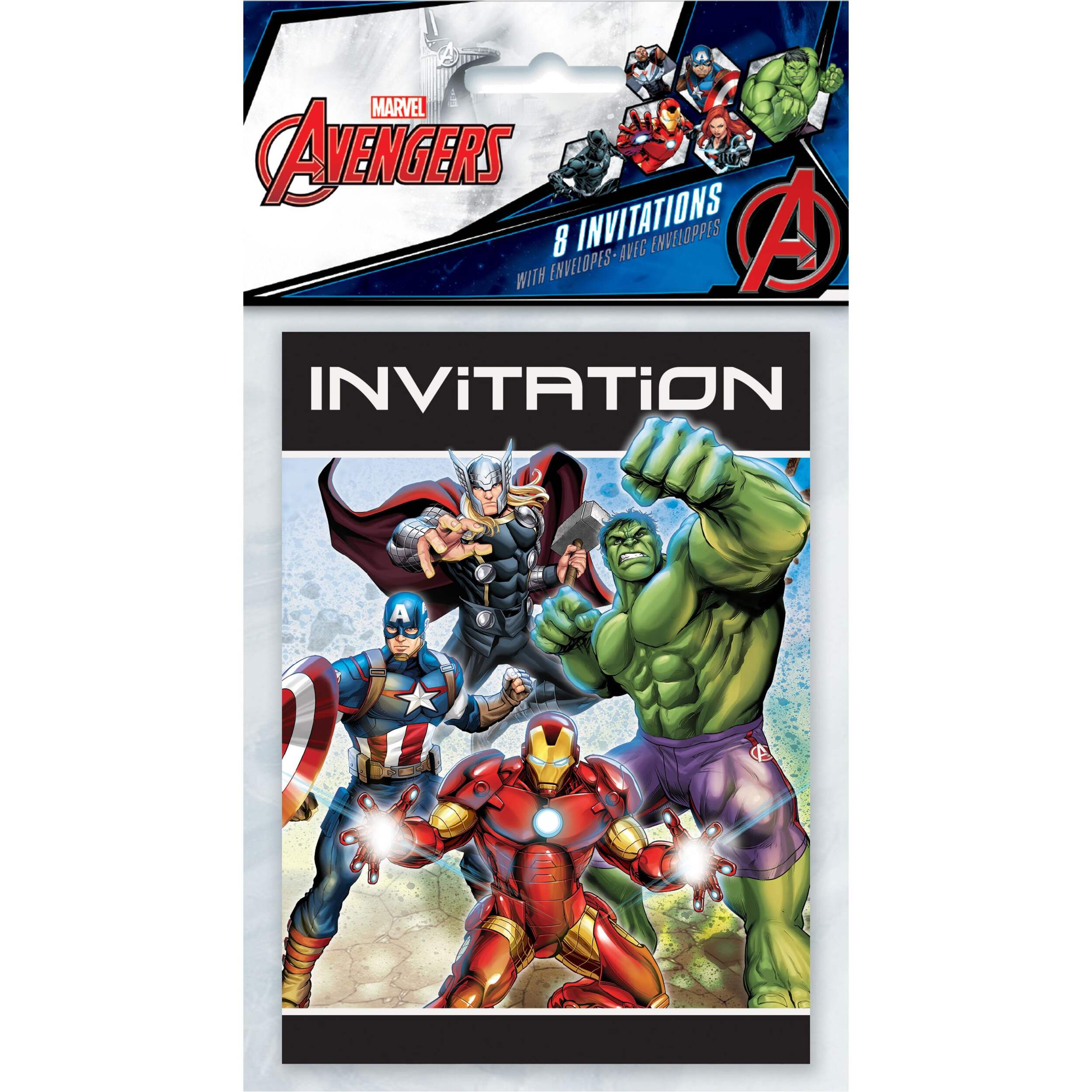 Disney Marvel Avengers "Invitation" Hulk/Iron Man/Captain America Paper Party Invitations with Envelopes, Multi-Coloured, 8-pk, for Birthday Party Front_Flat