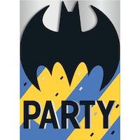 DC Batman "Party" Bat Wing Paper Party Invitations with Envelopes, Blue/Yellow, 8-pk, for Birthday Party Front_Flat
