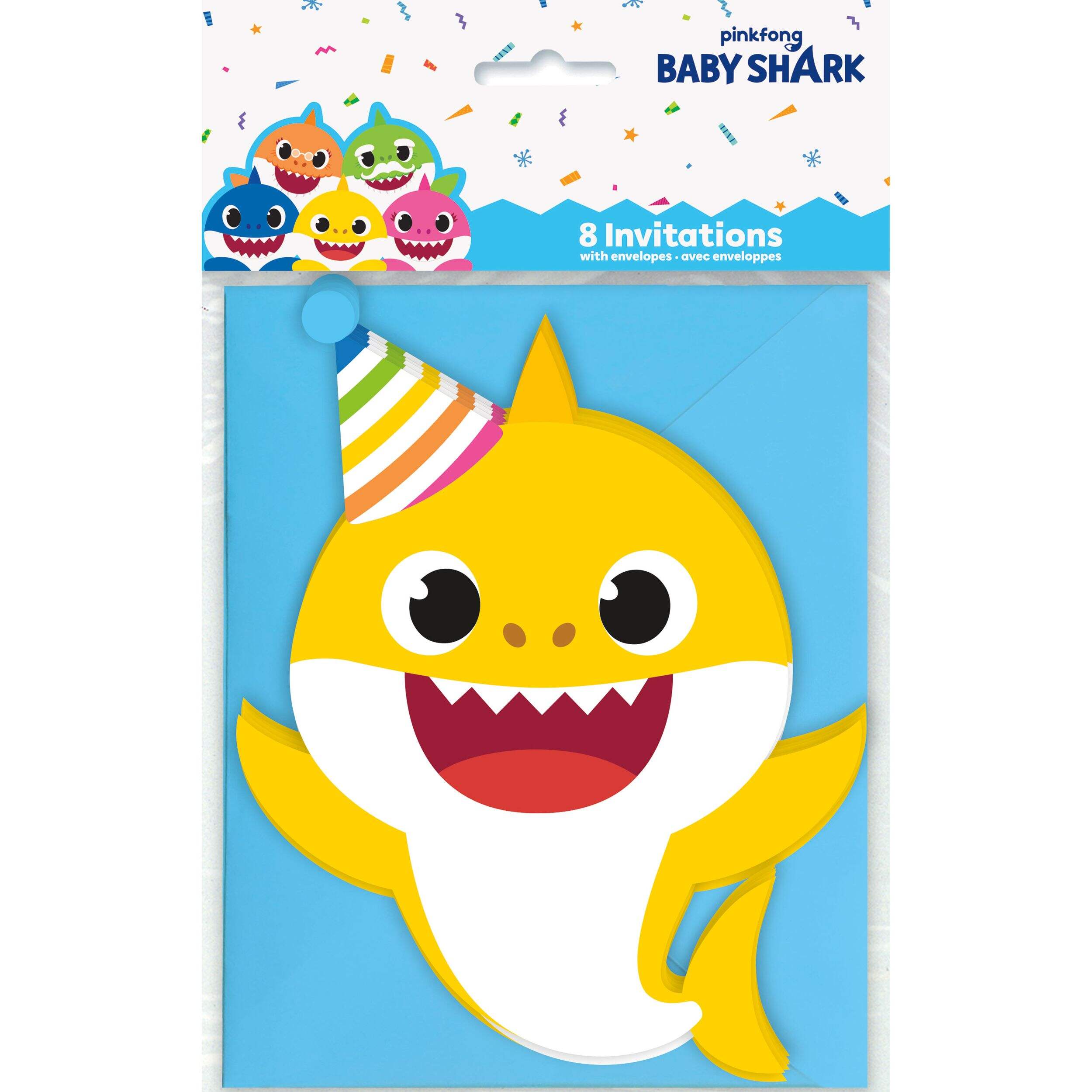 Baby Shark Paper Party Invitations with Envelopes, Blue/Yellow, 8-pk, for Birthday Party Front_Flat