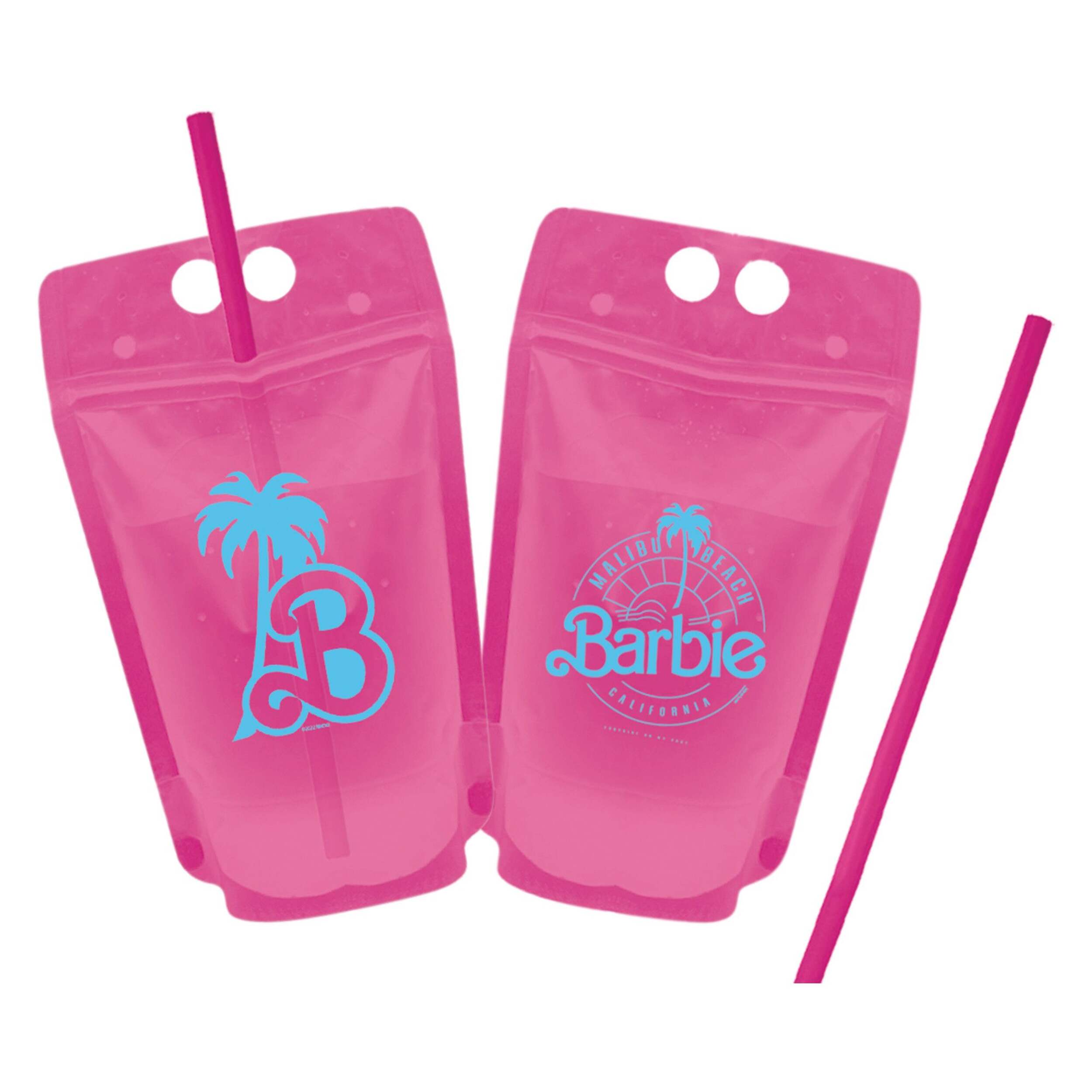 Mattel Barbie Plastic Reusable Drink Pouches, Pink, 8-pk, for Birthday Party Front_Flat