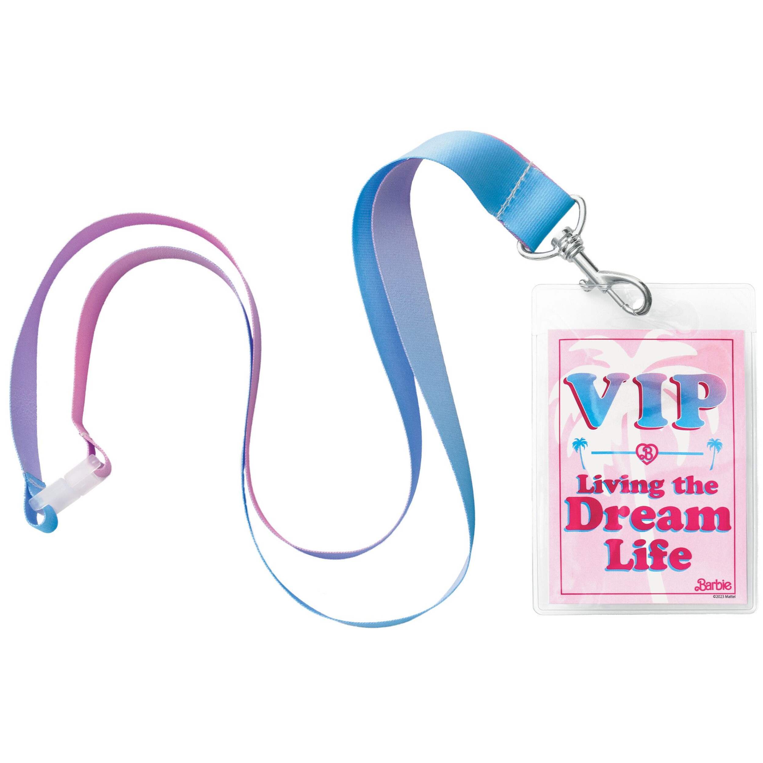 Mattel Barbie "VIP Living The Dream Life" Fabric & Plastic Lanyard Wearable, Pink/Blue, One Size, 4-pk, for Birthday Party/Halloween Front_Flat