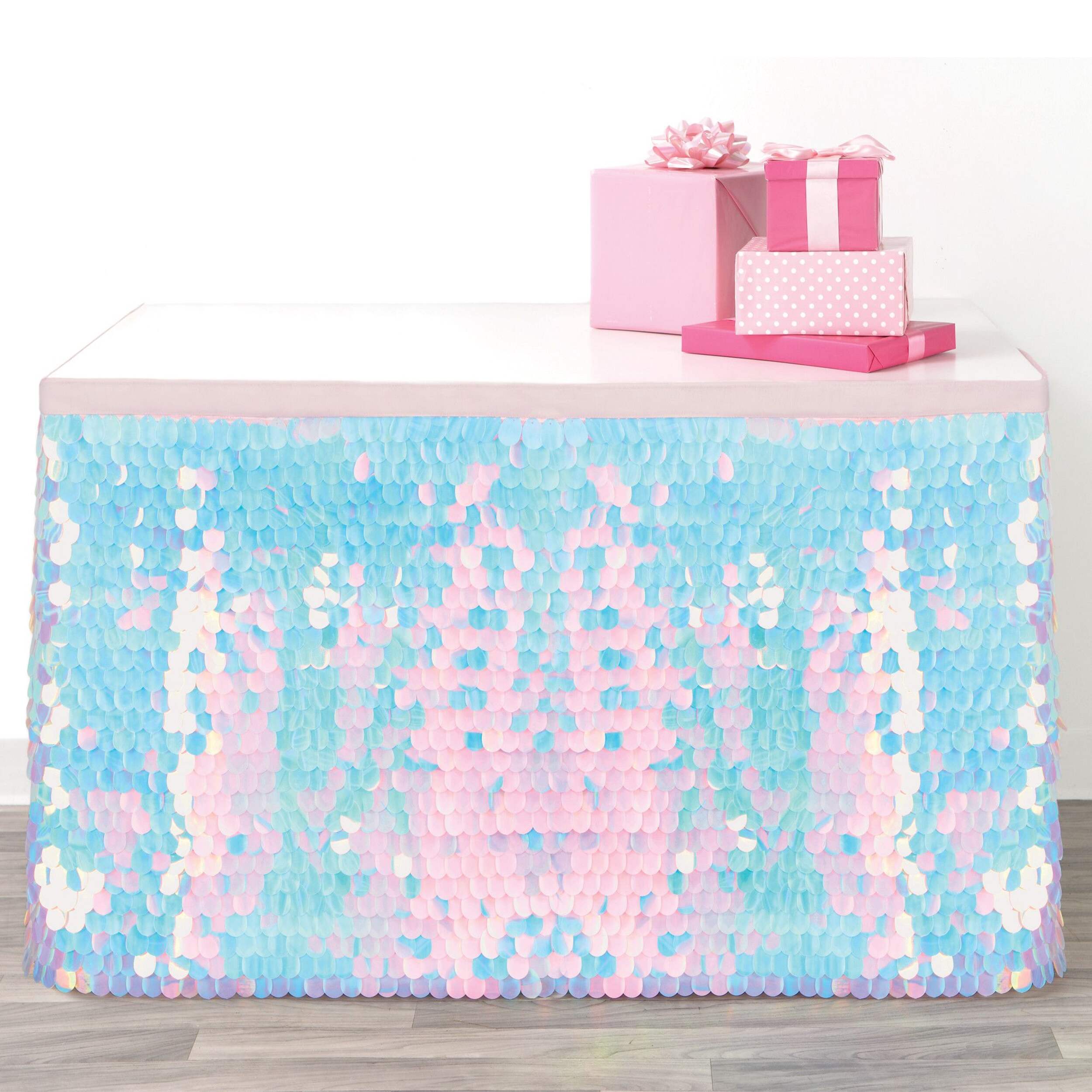 Luminous Sequin Table Skirt, Pink/Blue, 6-ft, for Birthday Party/Baby Shower/Summer Party Front_Elevated