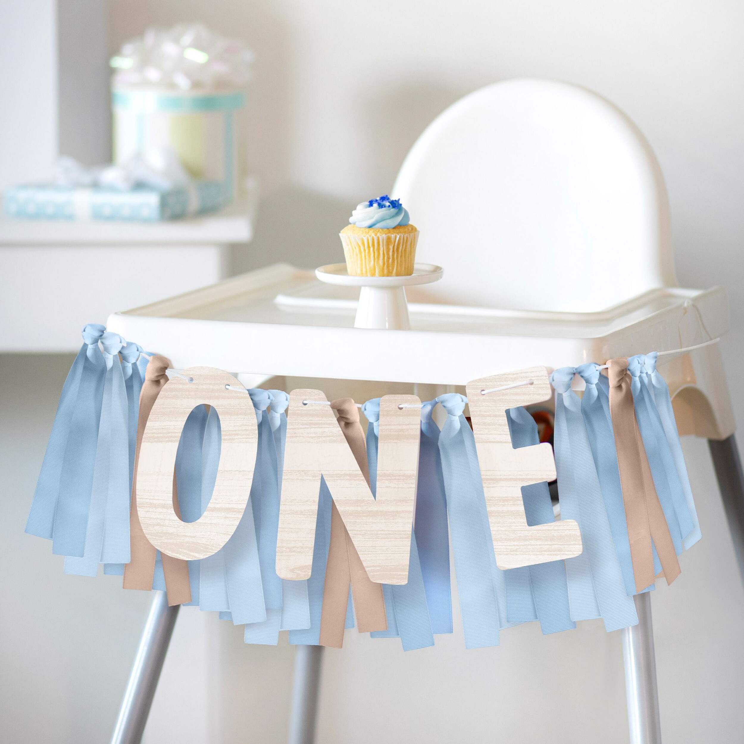 1st Birthday Cardstock High Chair Banner, Blue, for Birthday Party Front_Angled_Left