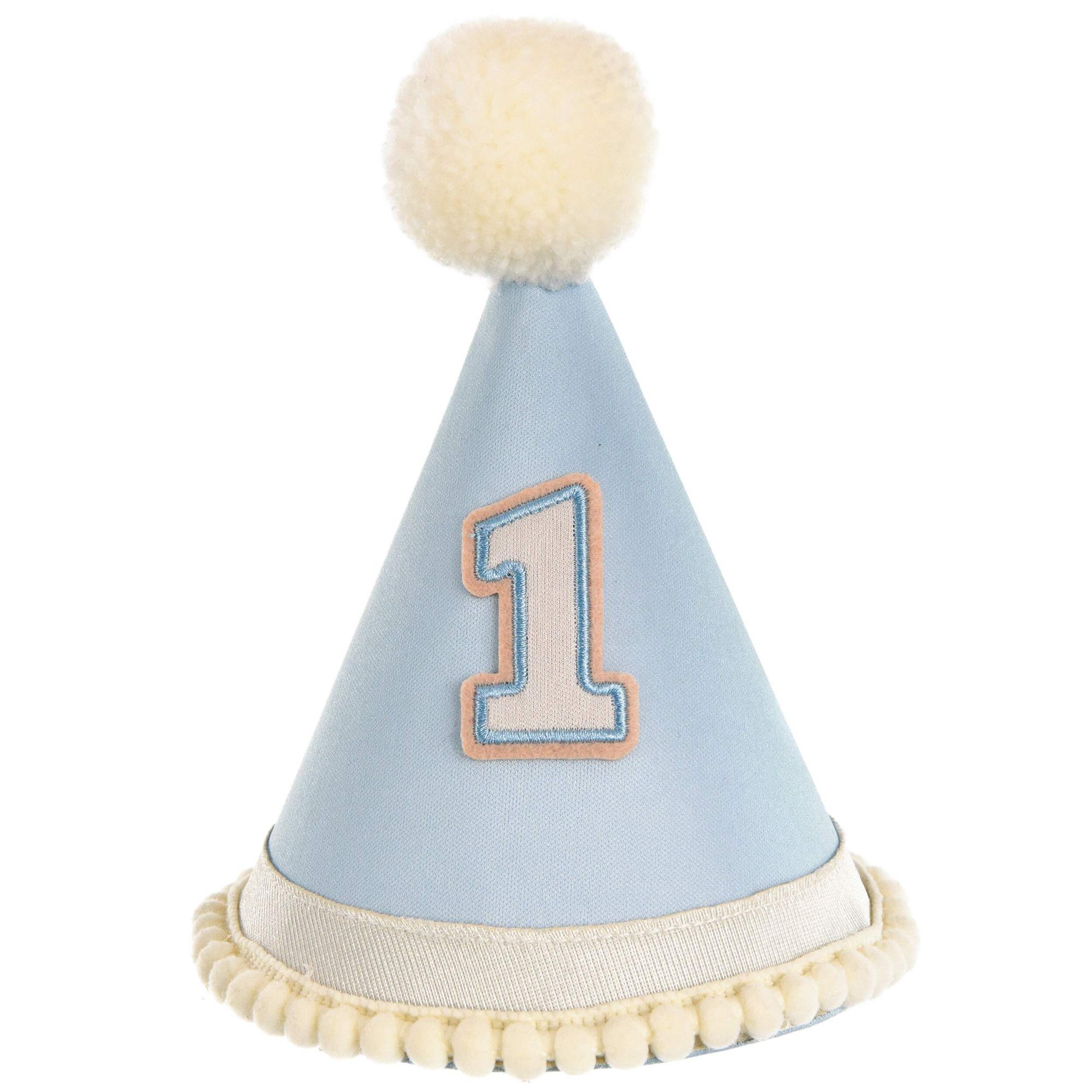 1st Birthday Cone Pom-Pom Hat, One Size. Blue/White, Wearable Accessory for Birthday Party Front_Flat
