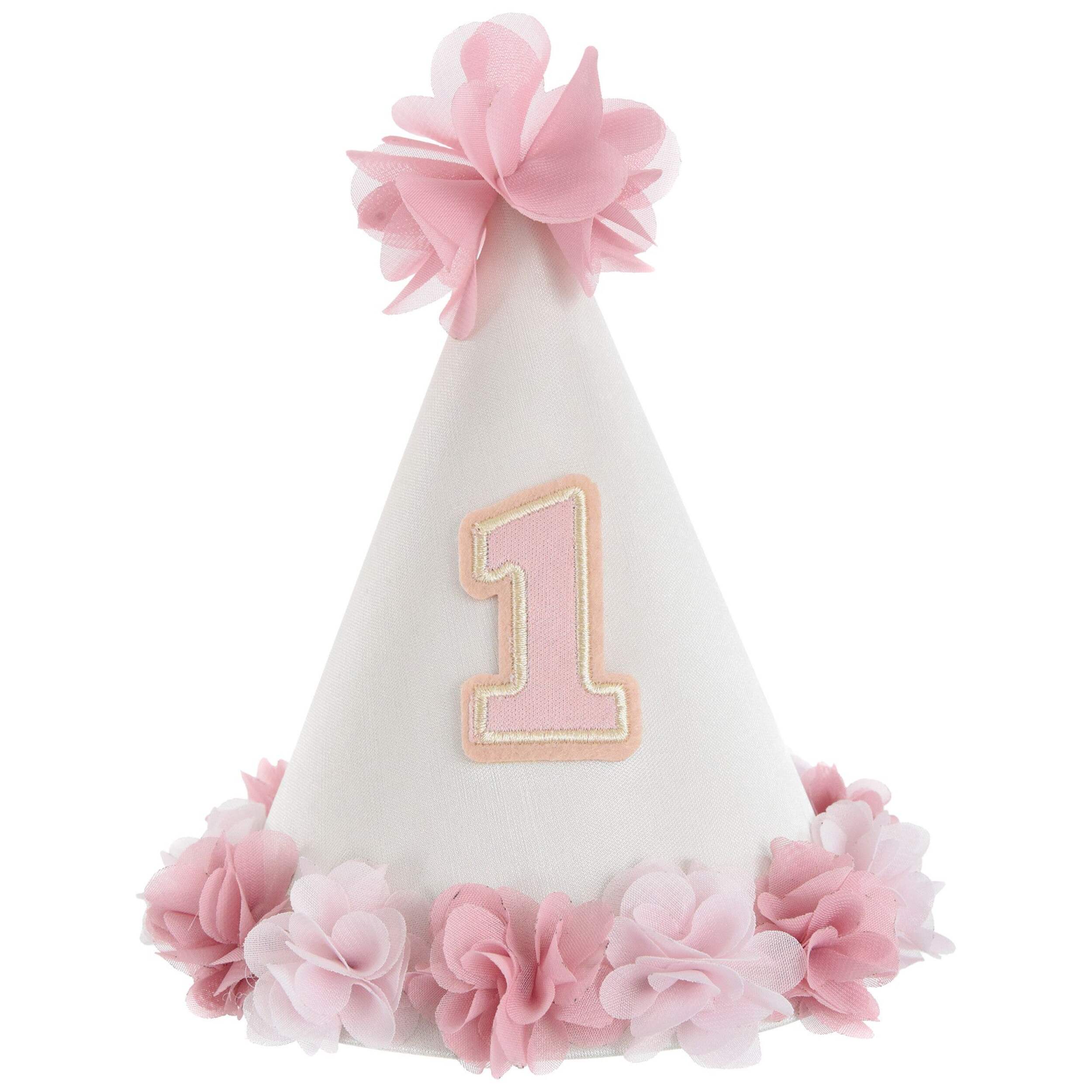 1st Birthday Cone Flower Hat, One Size. Pink/White, Wearable Accessory for Birthday Party Front_Flat