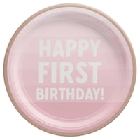 1st Birthday Round Paper Disposable Dessert Plates, 7-in, 8-pk, for Pink Birthday Party Overhead_Flat