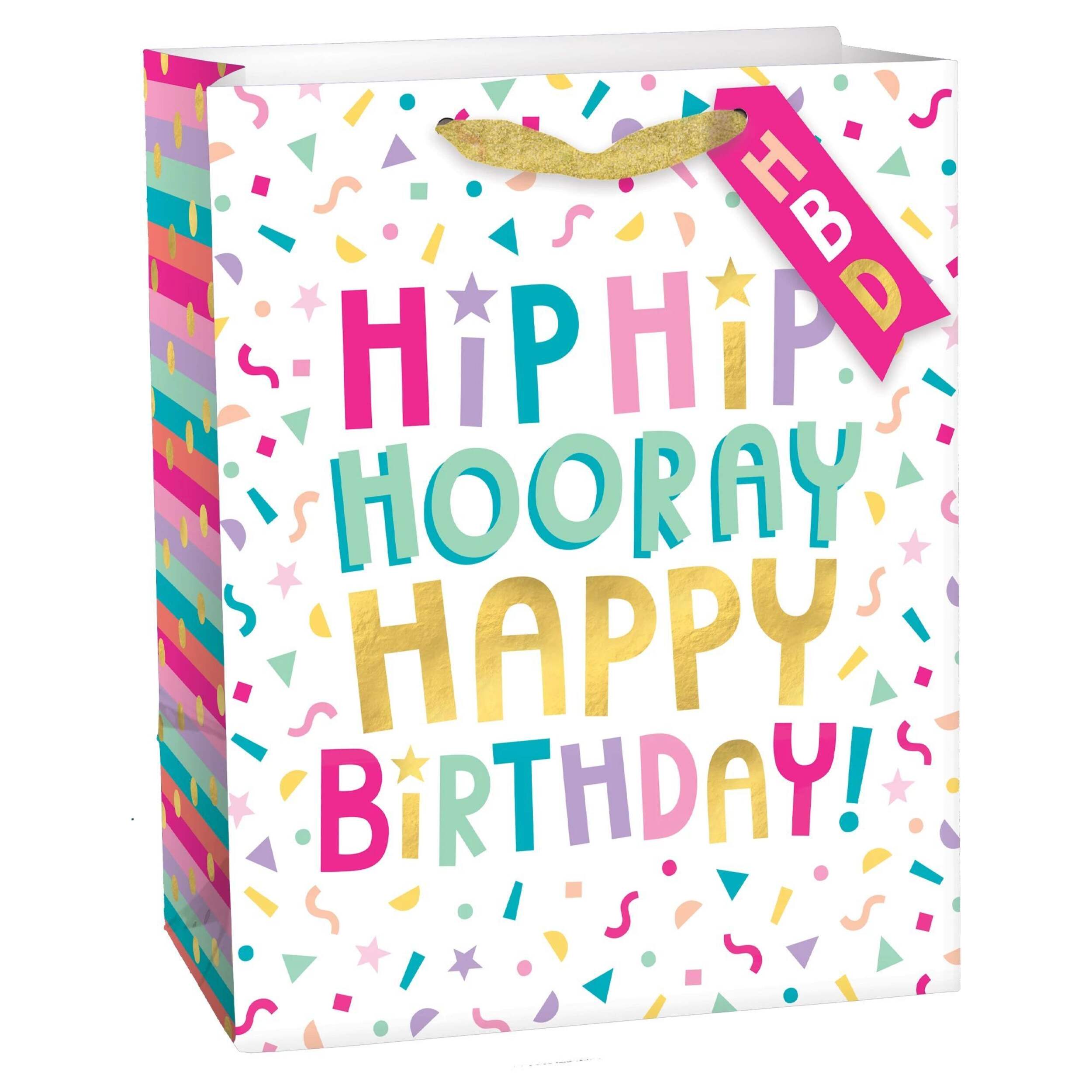 "Hip Hip Hooray Happy Birthday" Paper Gift Bag, Multi-Coloured, Confetti, 9.5-in, for Birthday Party Front_Three_Fourths_Angled_Right