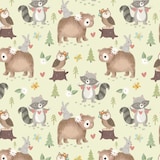 Racoons/Bear/Owl Gift Wrapping Paper, Yellow/Brown, 16-ft, for Baby Shower Front_Flat