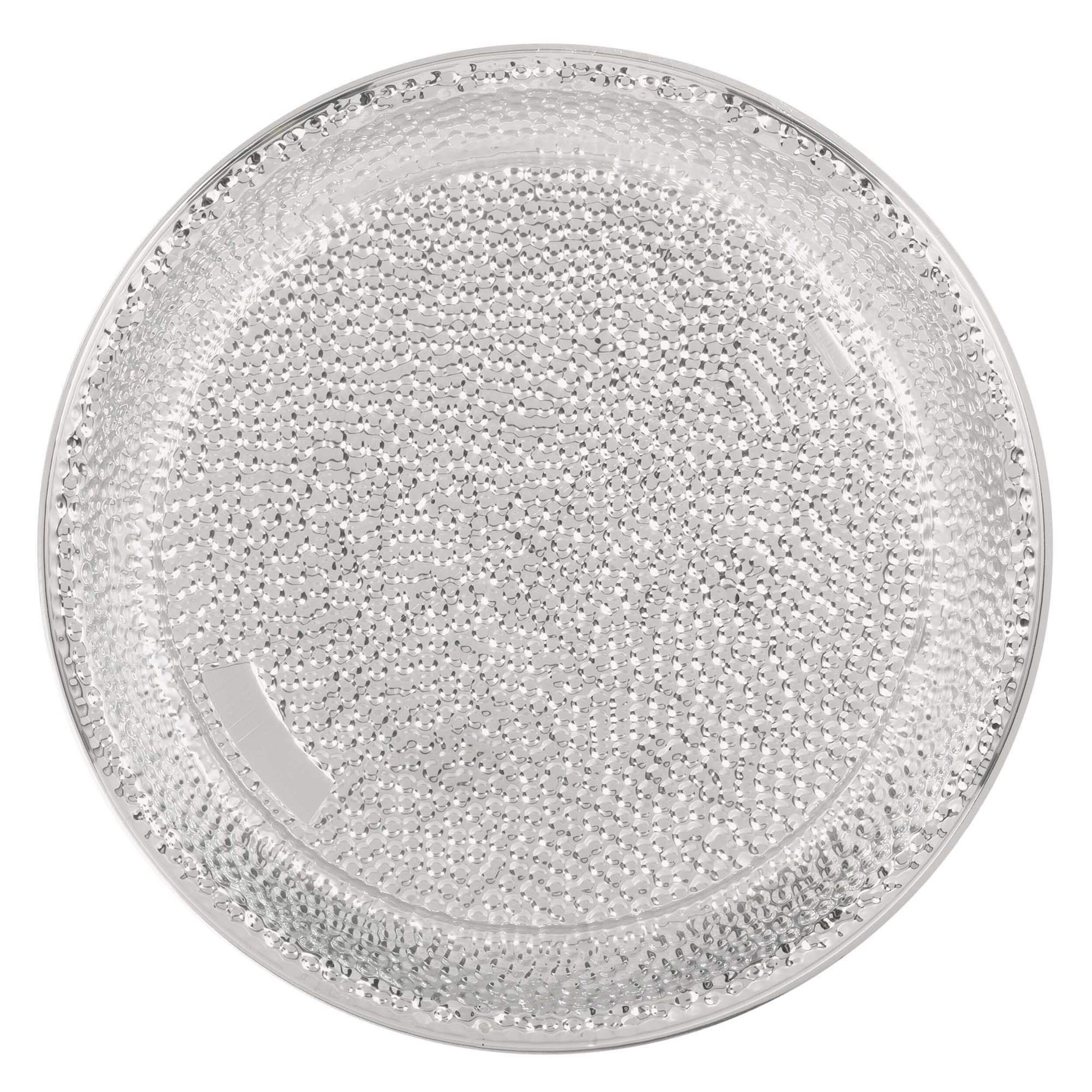 Round Hammered Plastic Reusable Serving Tray, Silver, 16-in, for Christmas/Thanksgiving/New Year's Eve/Easter/Birthday Party Overhead_Flat