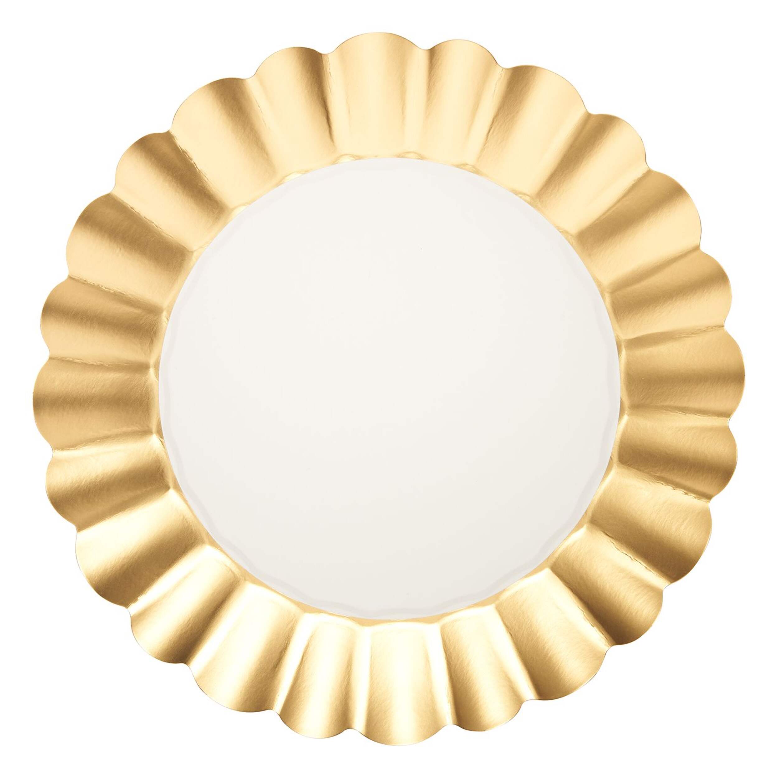 Sophistiplate Scalloped Round Bordered Trimmed Paper Disposable Dinner Plates, Gold/White, 10-in, 8-pk, for Christmas/New Year's Eve/Engagement Overhead_Flat