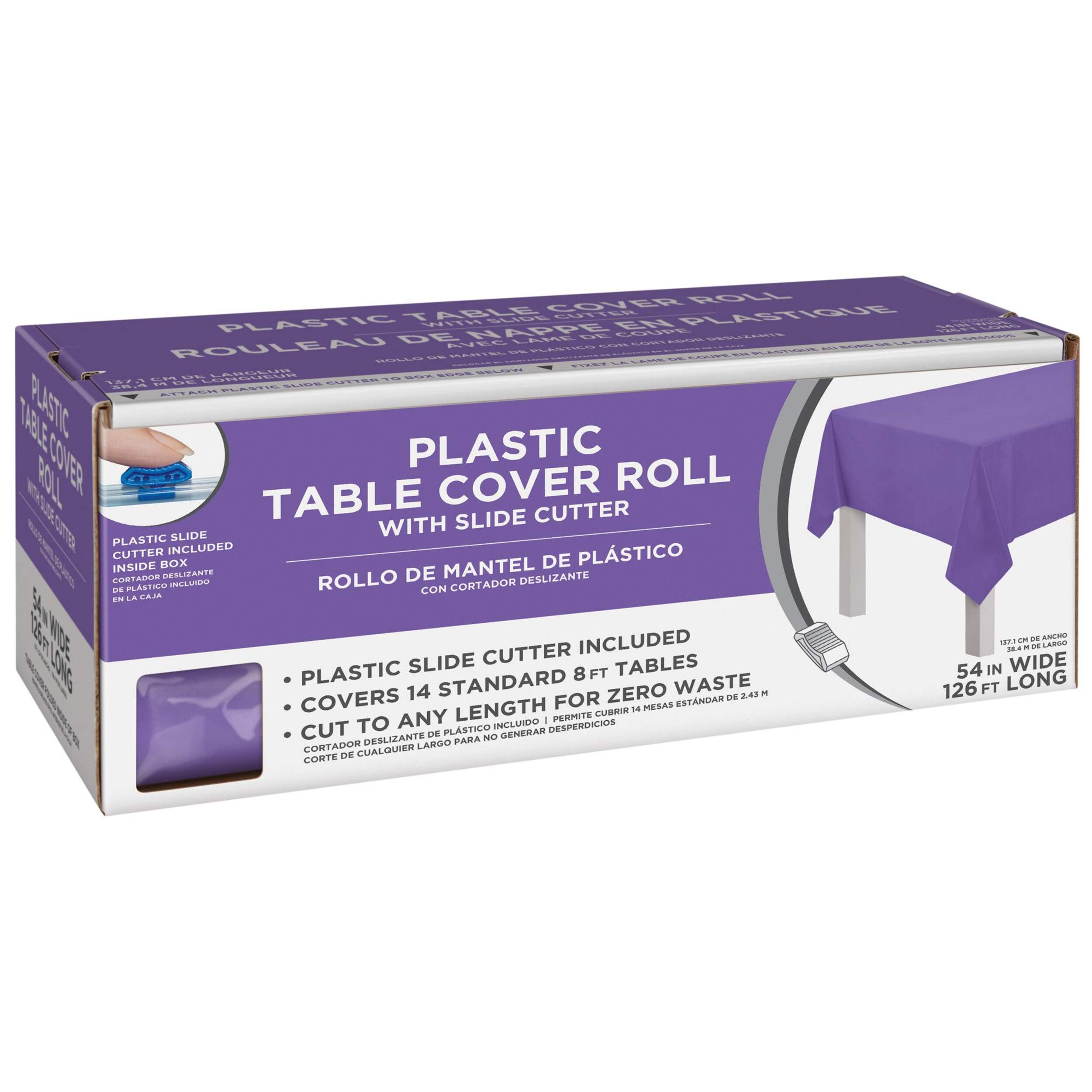 Rectangle Plastic Reusable Table Cover Roll with Slide Cutter, Purple, 54x126-ft, for Halloween/Easter Front_Three_Fourths_Angled_Right