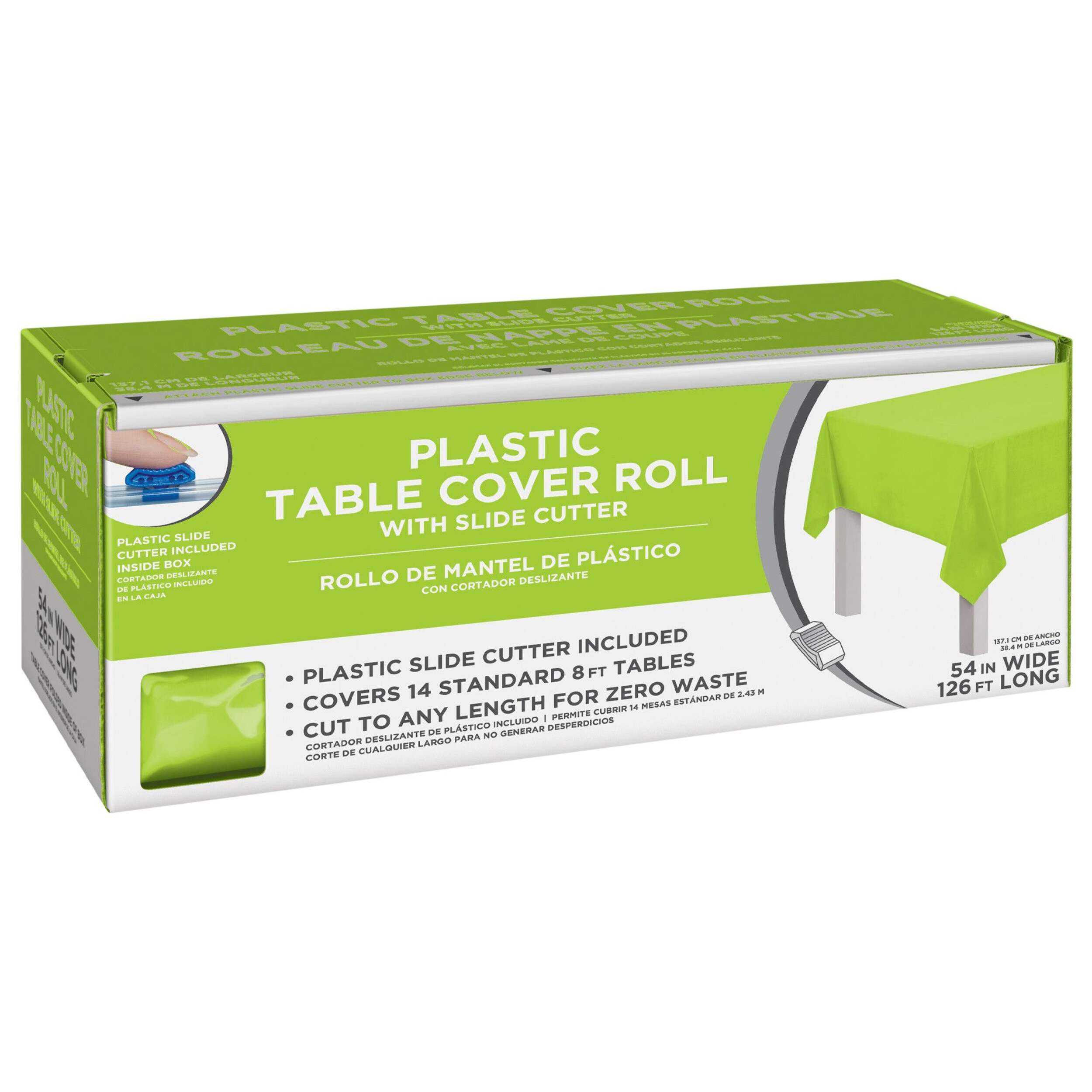 Rectangle Plastic Reusable Table Cover Roll with Slide Cutter, Kiwi Green, 126-ft, for St. Patrick's Day/Easter/Summer Party Front_Three_Fourths_Angled_Right