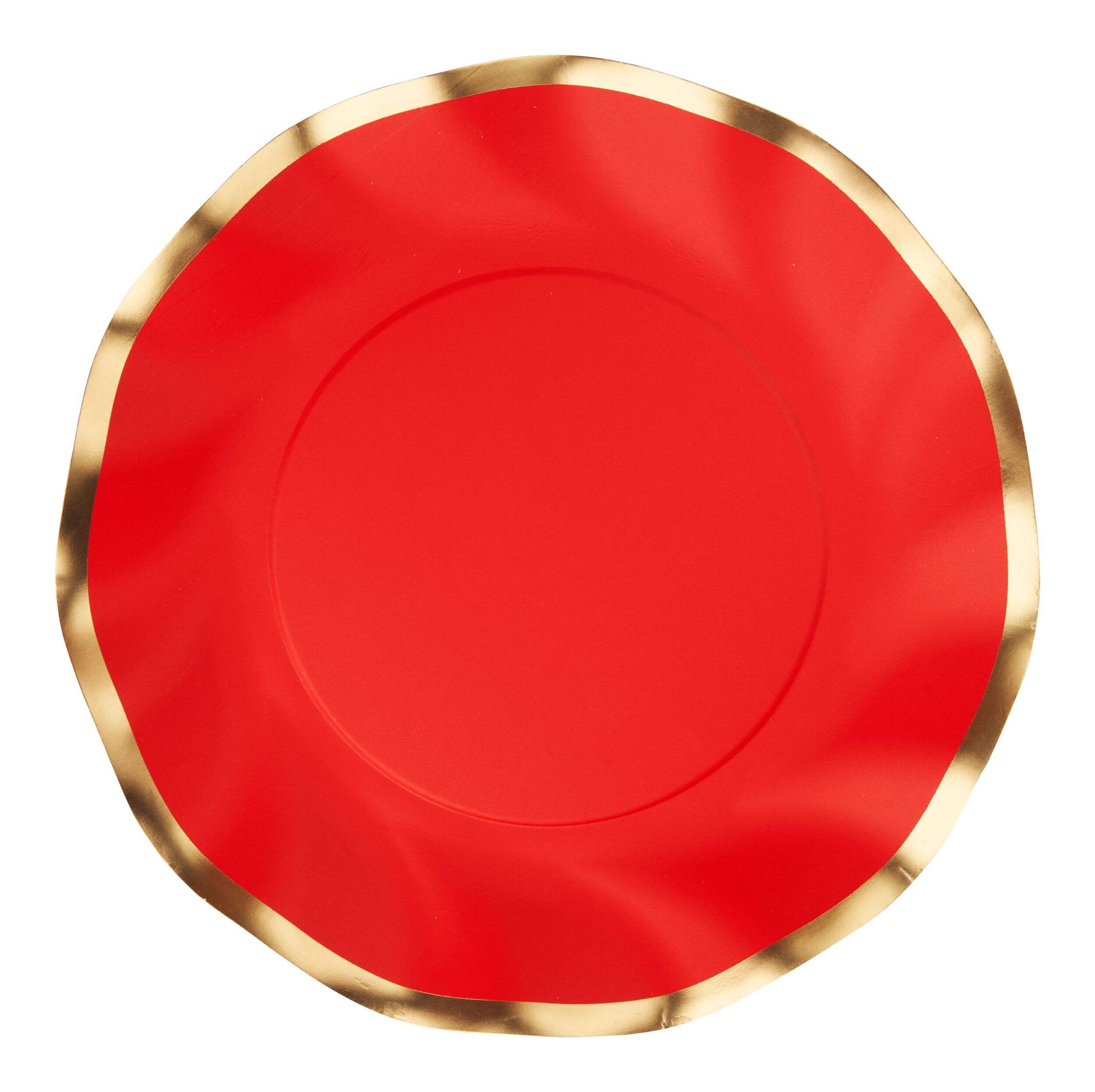 Sophistiplate Round Bordered Trimmed Paper Disposable Lunch Plates, Red/Gold, 8-in, 8-pk, for Christmas/Canada Day/Valentine's Day Overhead_Flat
