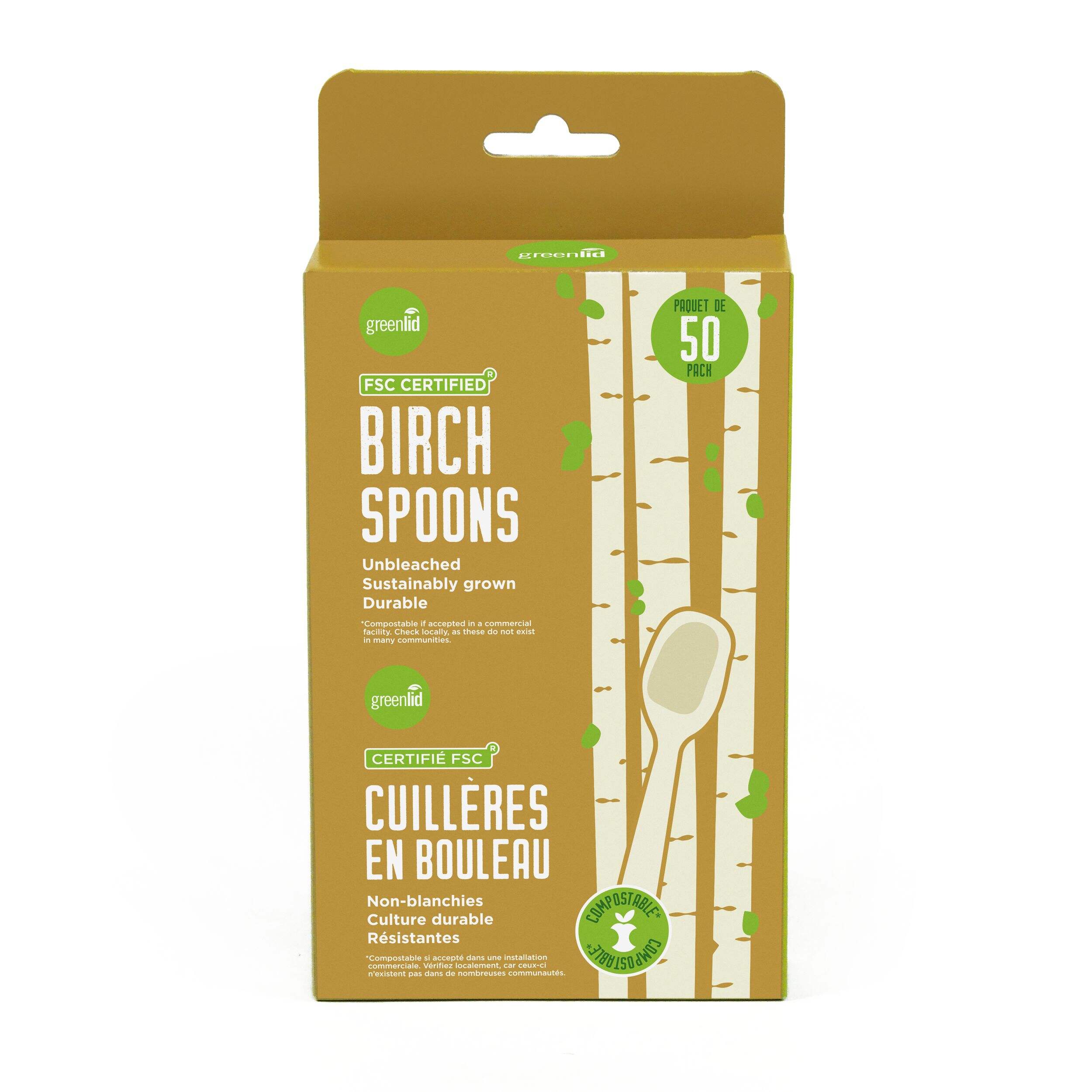 Greenlid Birch Eco Spoons, Brown, 6.8-in, 50-pk, for Christmas/Thanksgiving/New Year's Eve/Birthday Party Front_Flat