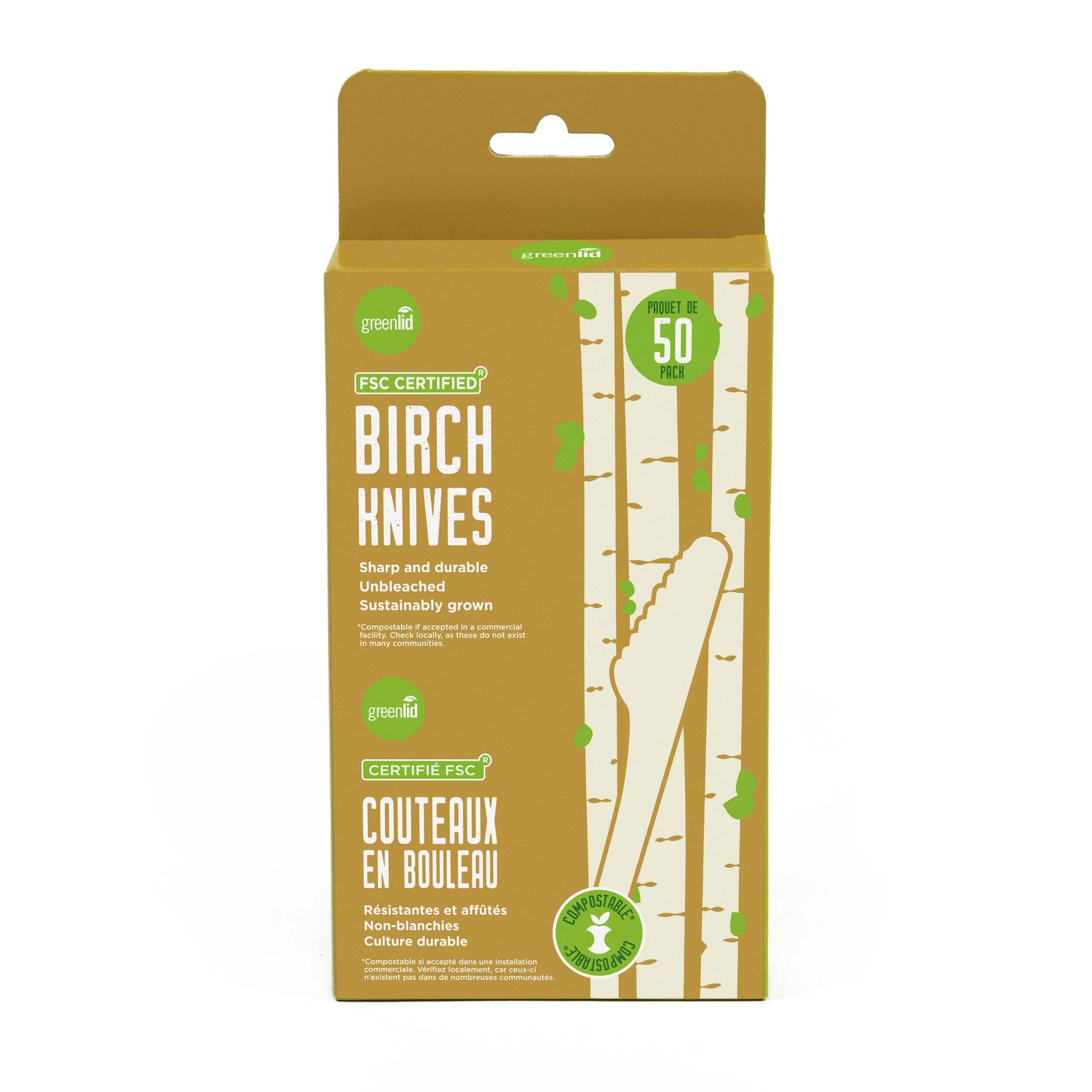 Greenlid Birch Eco Knives, Brown, 6.8-in, 50-pk, for Christmas/Thanksgiving/New Year's Eve/Birthday Party Front_Flat
