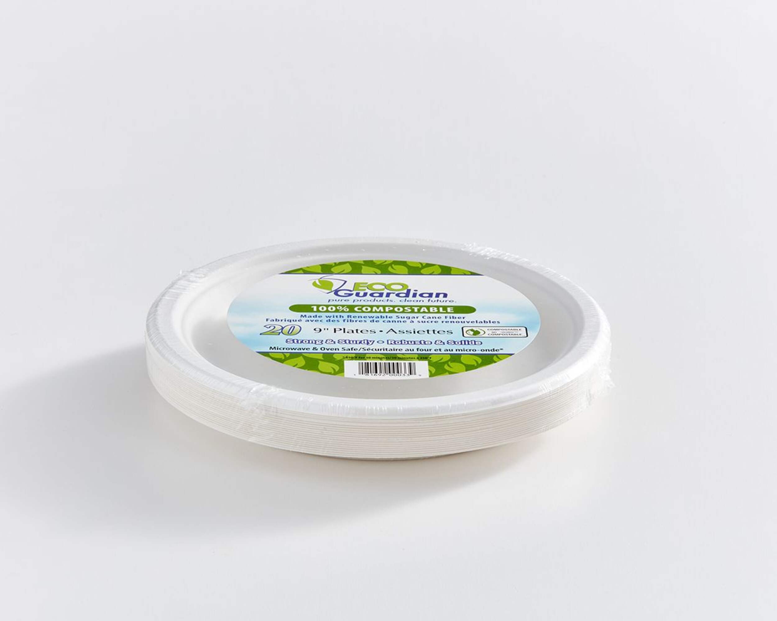 Round Sugarcane Compostable Eco Lunch Plates, White, 9-in, 20-pk, for Christmas/Thanksgiving/New Year's Eve/Birthday Party Front_Elevated