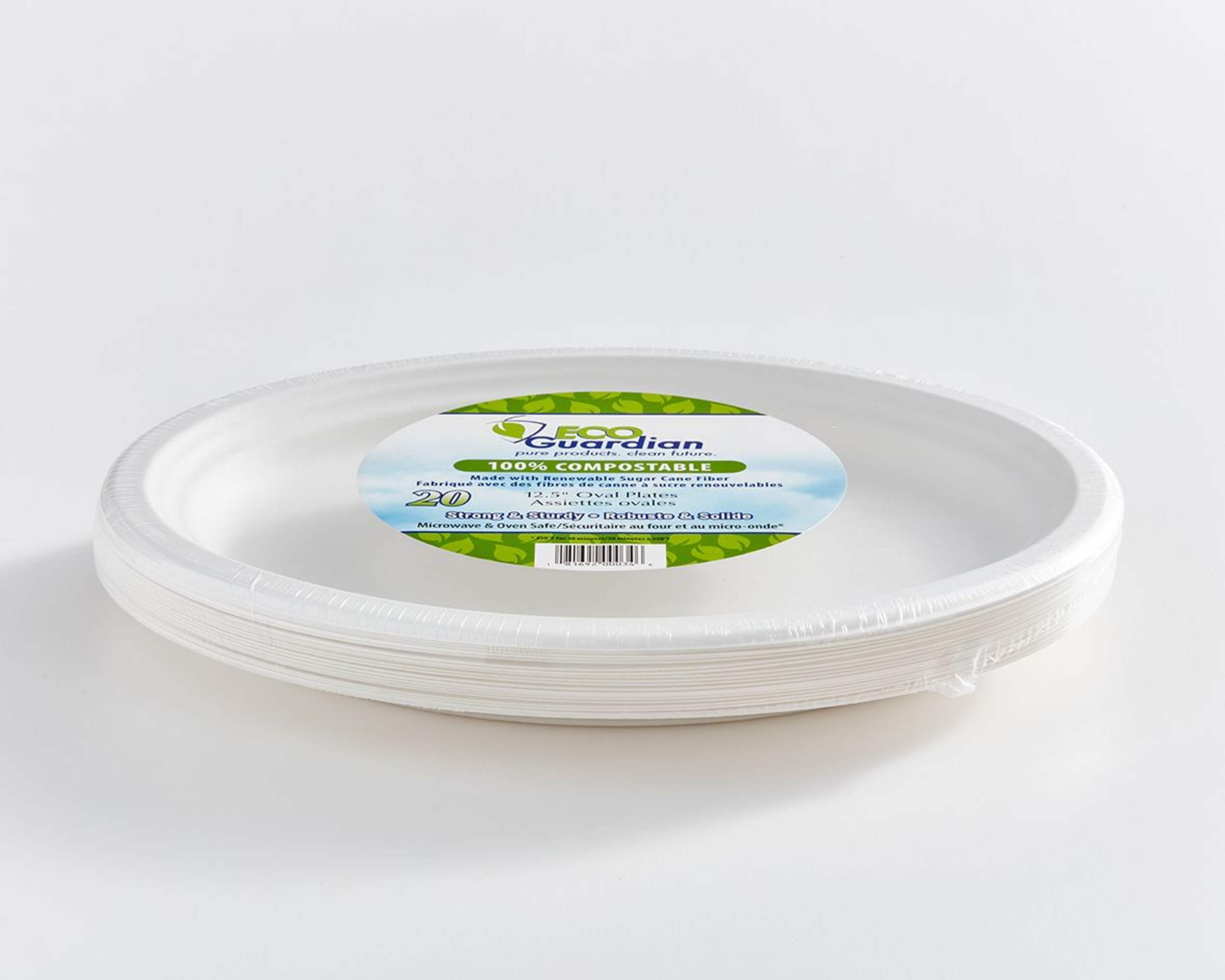 Oval Sugarcane Eco Compostable Dinner Plates, White, 12.5-in, 20-pk, for Christmas/Thanksgiving/New Year's Eve/Birthday Party Front_Elevated