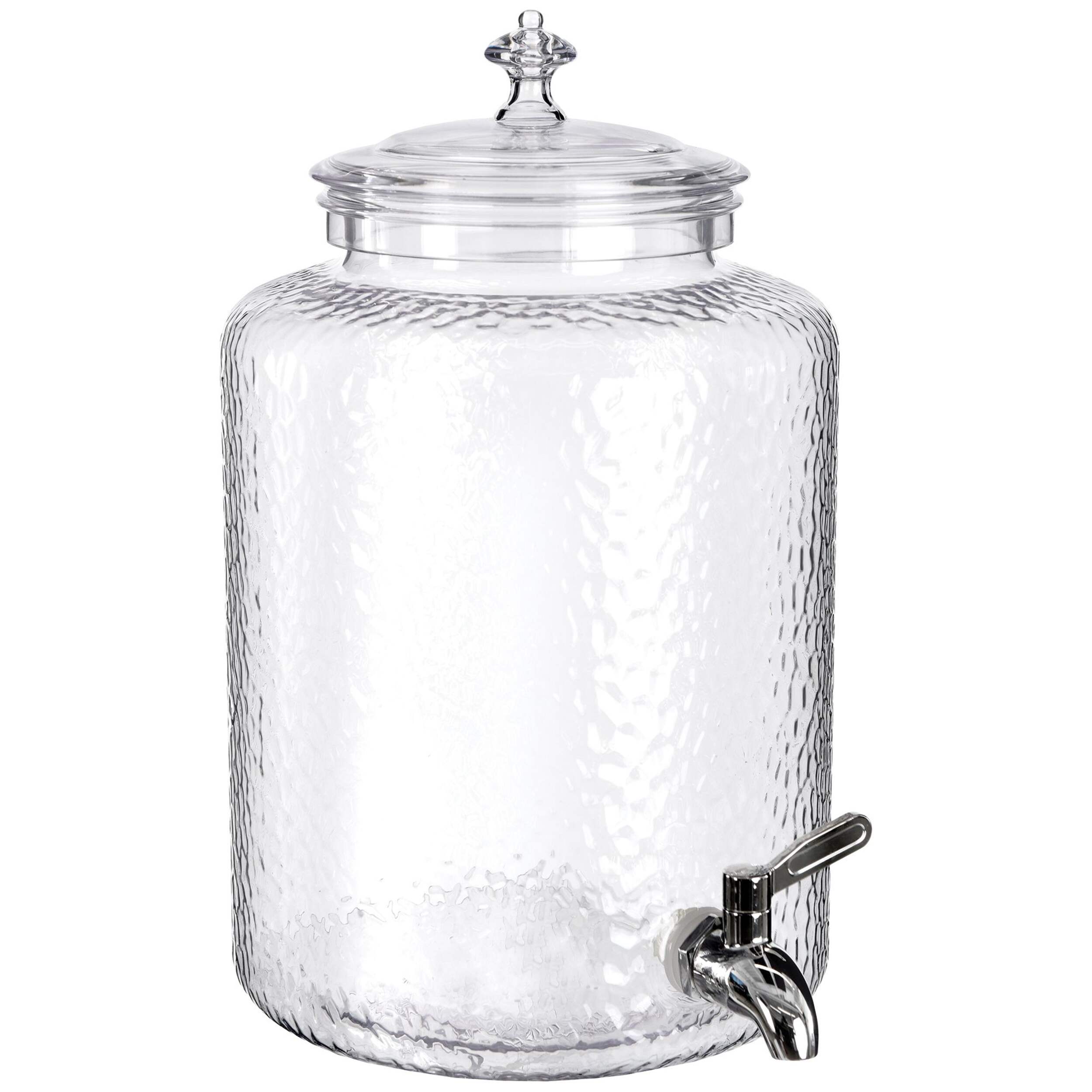 Hammered Plastic Reusable Beverage Dispenser, Clear, 7.57-L, for Christmas/Thanksgiving/New Year's Eve/Summer/Birthday Party Front_Three_Fourths_Angled_Right