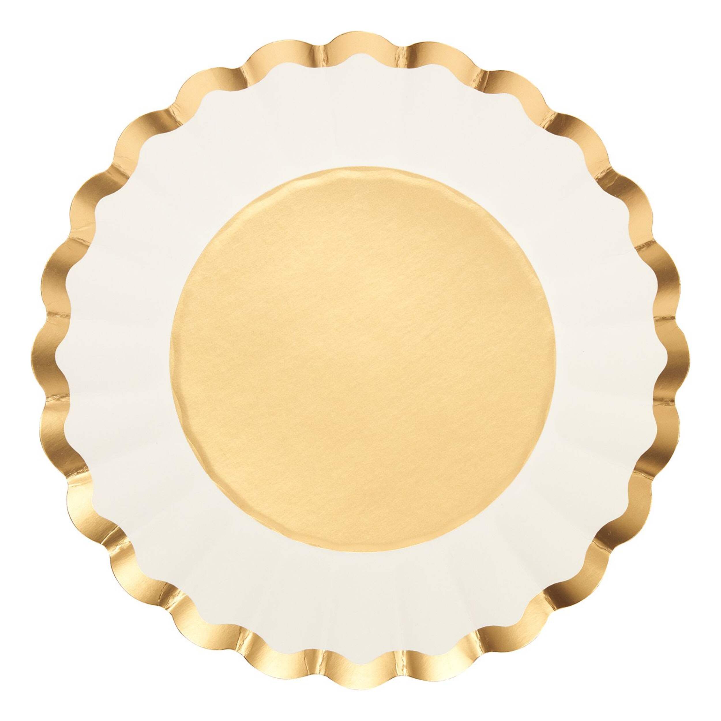 Sophistiplate Scalloped Round Bordered Trimmed Paper Disposable Lunch Plates, White/Gold, 8-in, 8-pk, for Christmas/Brunch/New Year's Eve Overhead_Flat