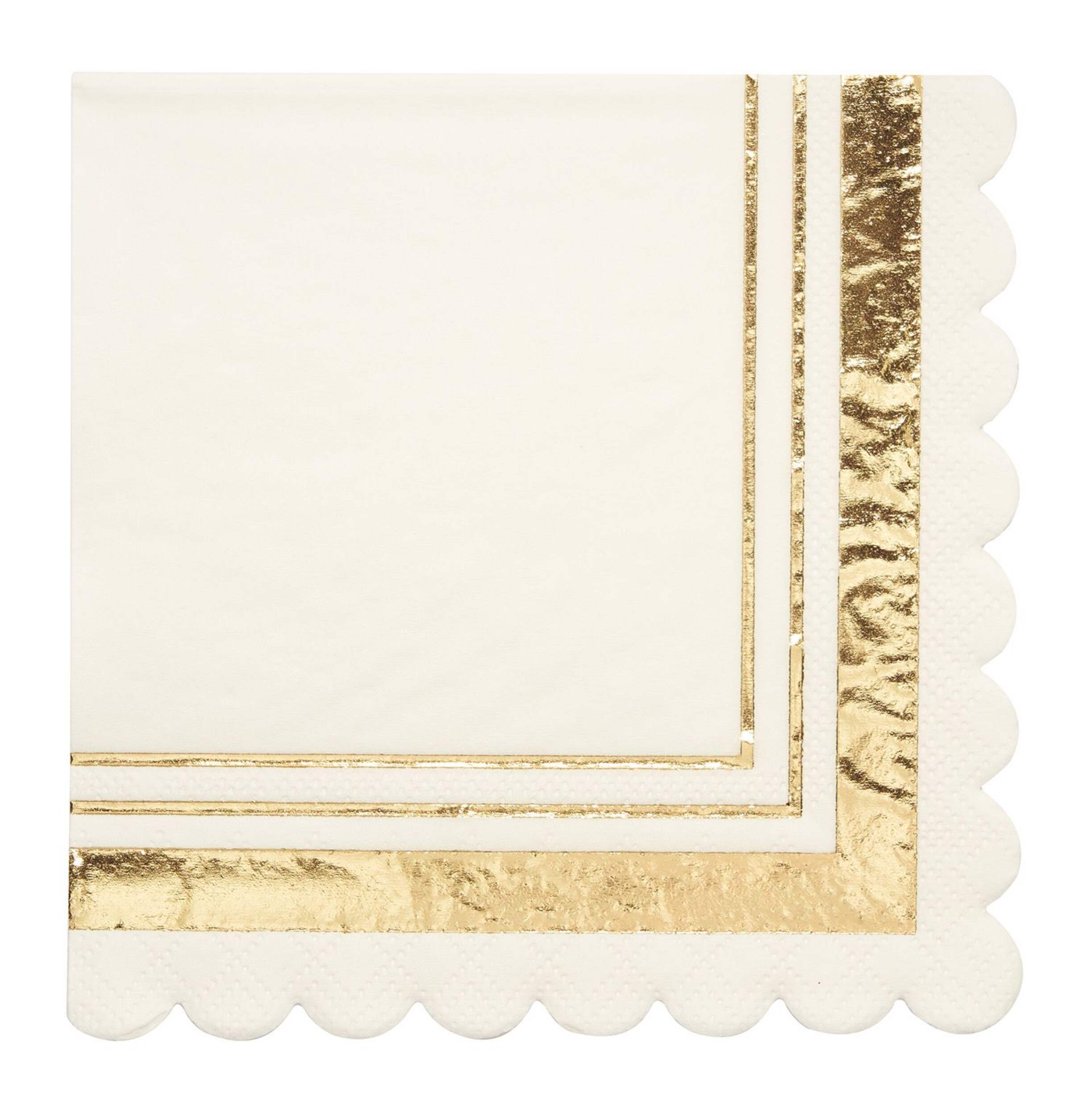 Sophistiplate Scalloped Square Paper Disposable Beverage Napkins, White/Gold, 5-in, 20-pk, 2-ply, for Wedding/Engagement/Christmas/New Year's Eve Overhead_Flat