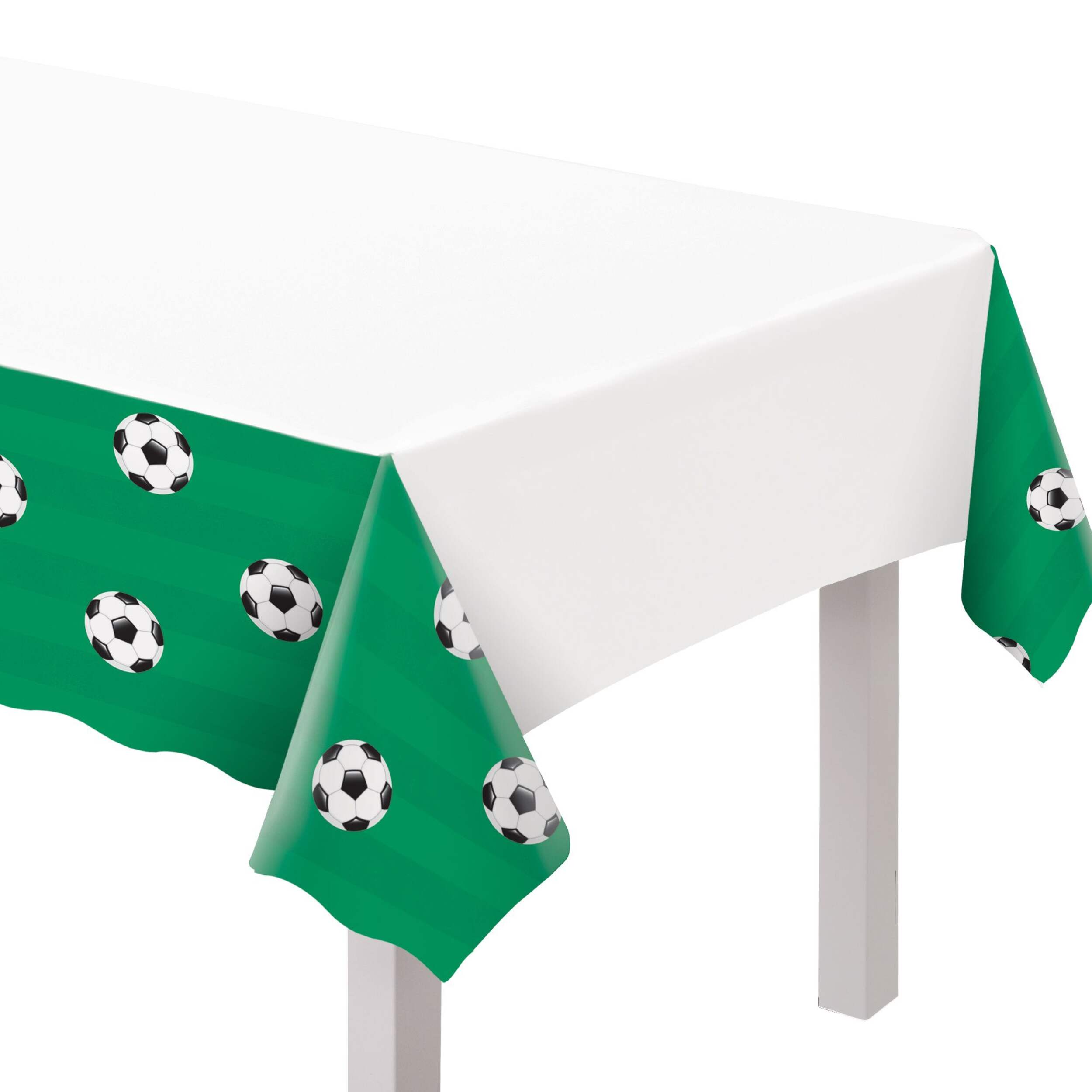 Soccer Themed Rectangle Plastic Reusable Table Cover, White, 54-in x 102-in, for Birthday/Sports Party Front_Three_Fourths_Angled_Left