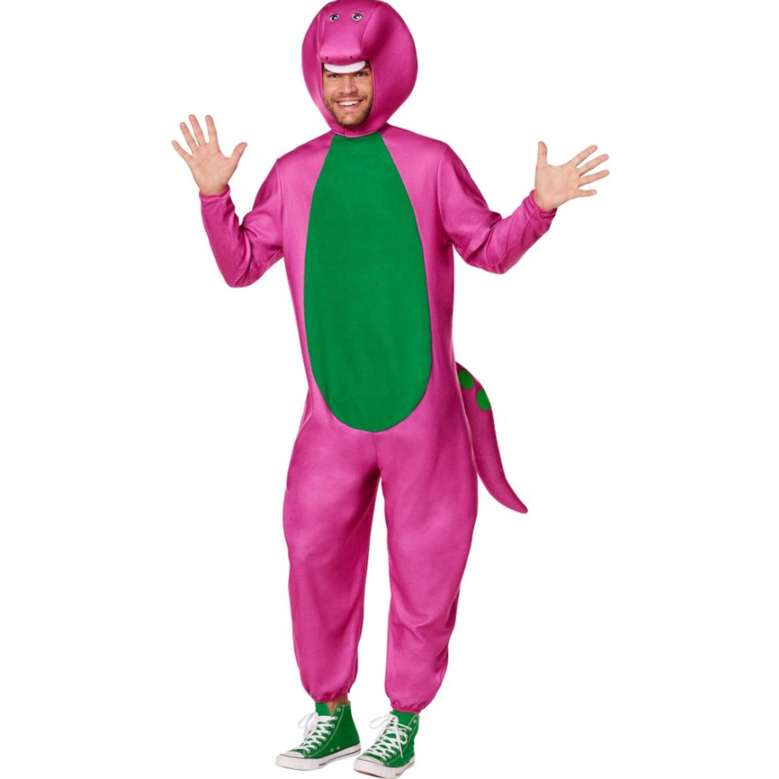 Adult Mattel Barney Purple/Green Jumpsuit Halloween Costume, Standard, One Size Front_Angled_Left
